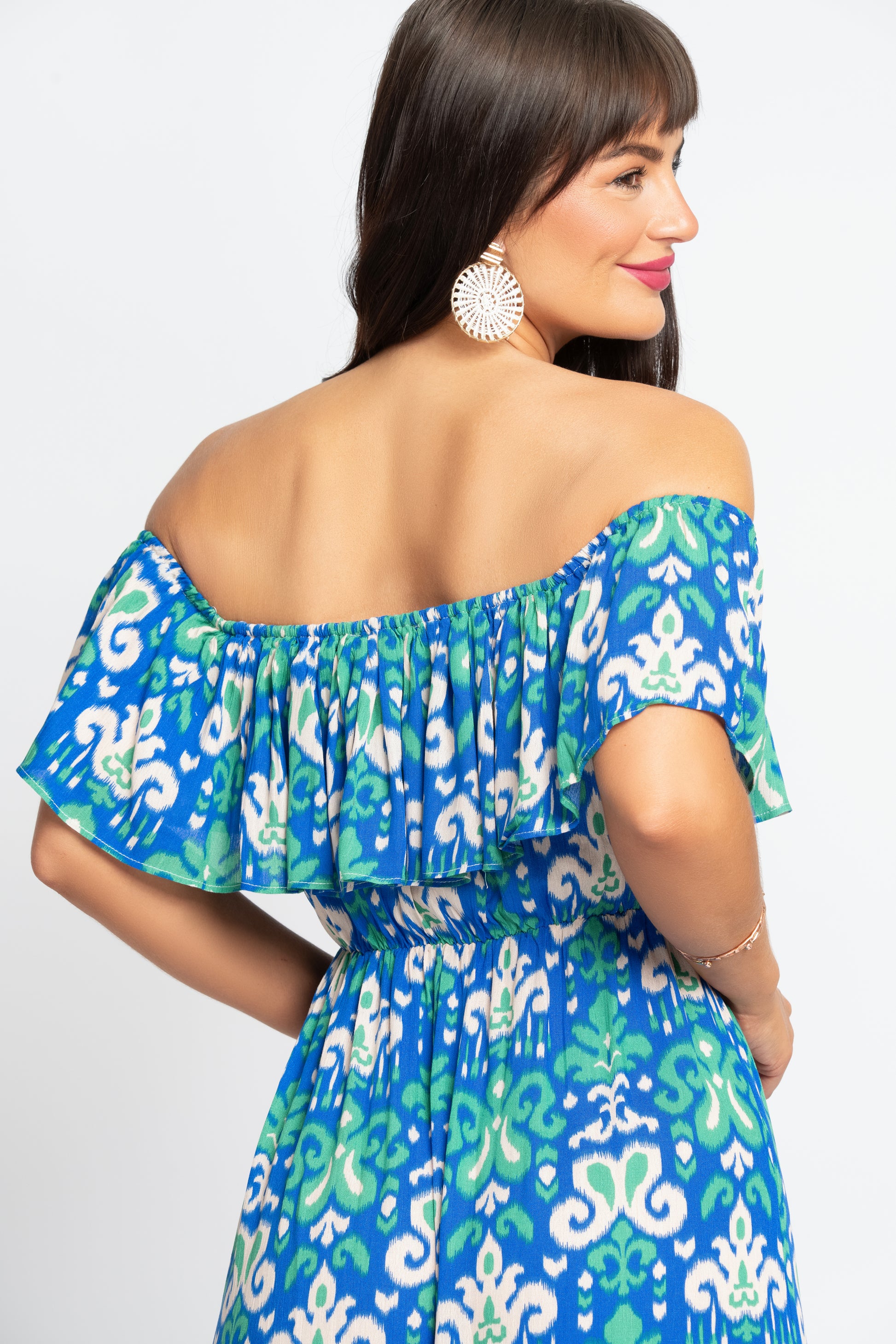 Aztec print off shoulder maxi dress