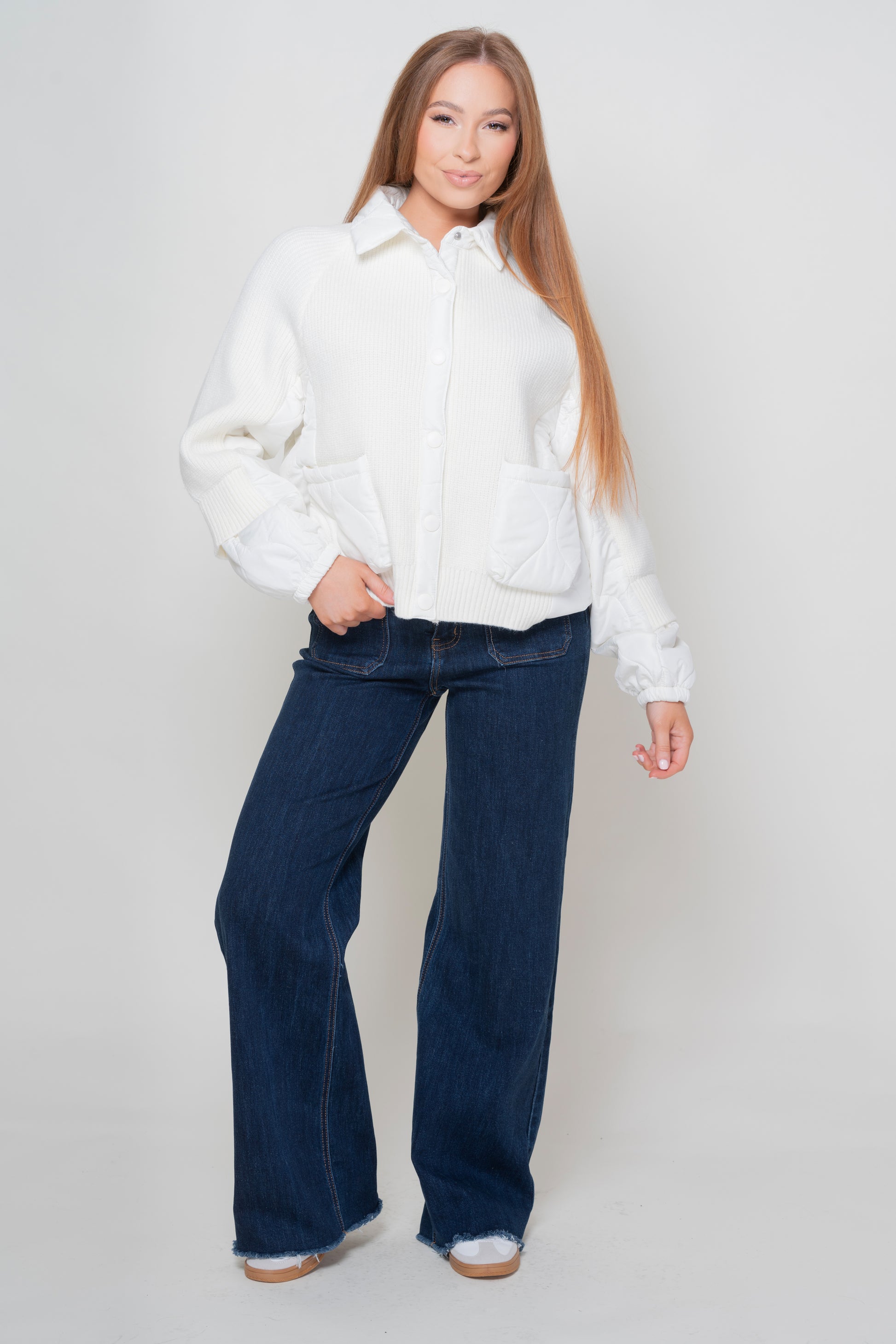 Snowflake Off White Rib Knit Quilted Jacket