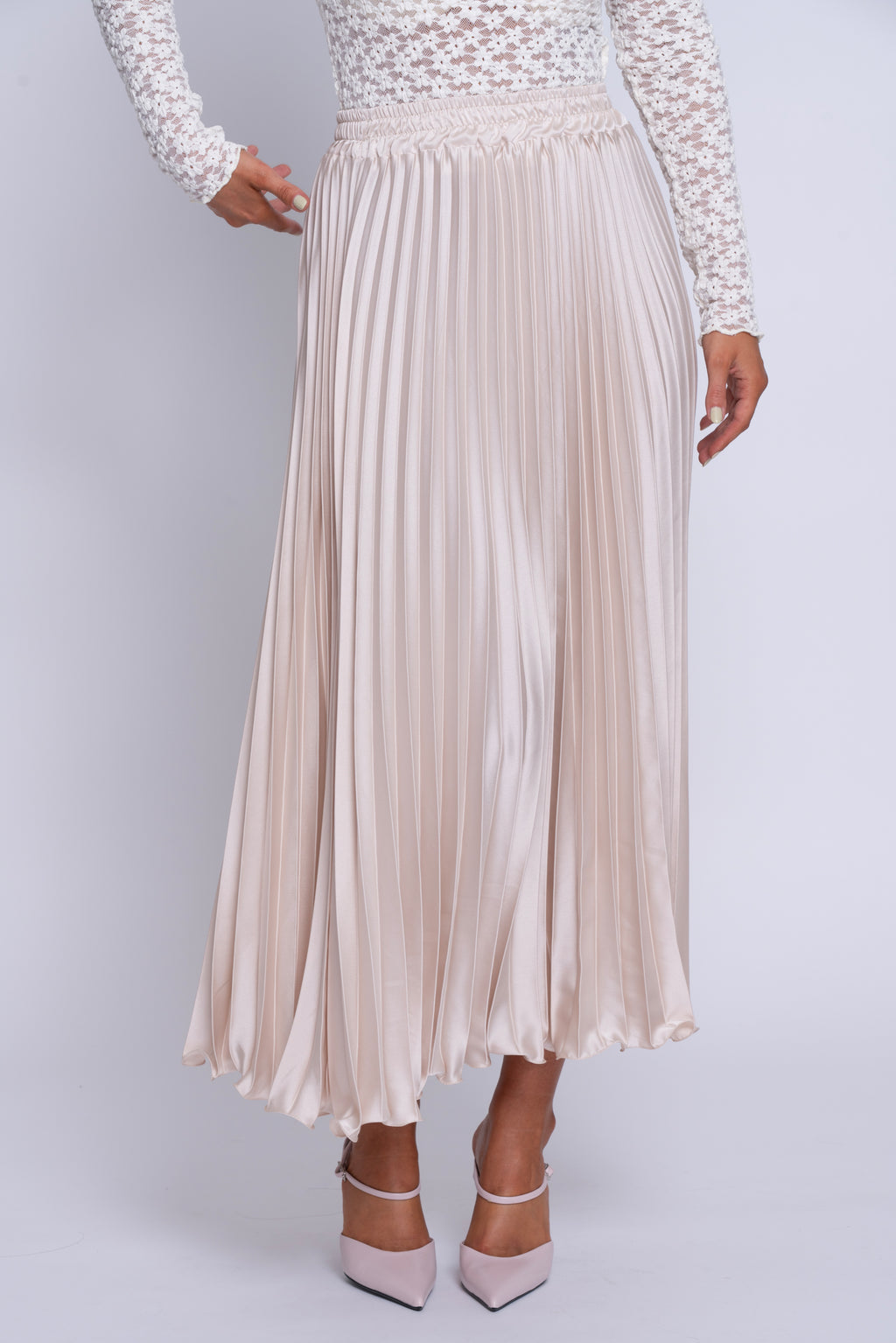 Julie Louise cream satin pleated midi skirt