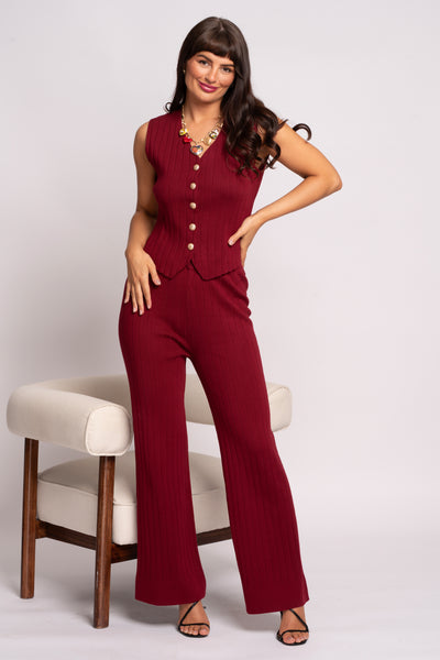 Meghan Wine Fine knit Waistcoat And Trouser Suit