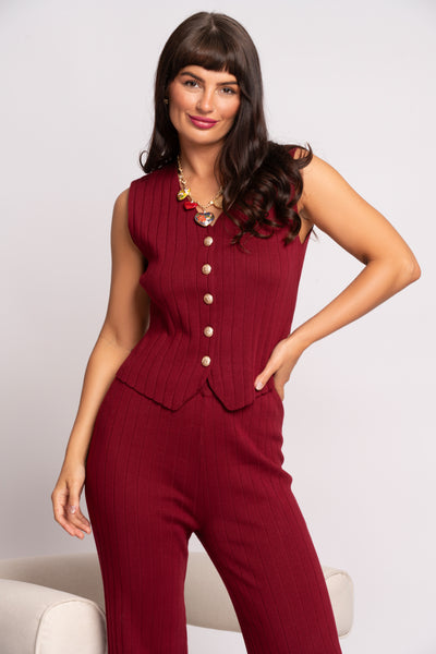 Meghan Wine Fine knit Waistcoat And Trouser Suit