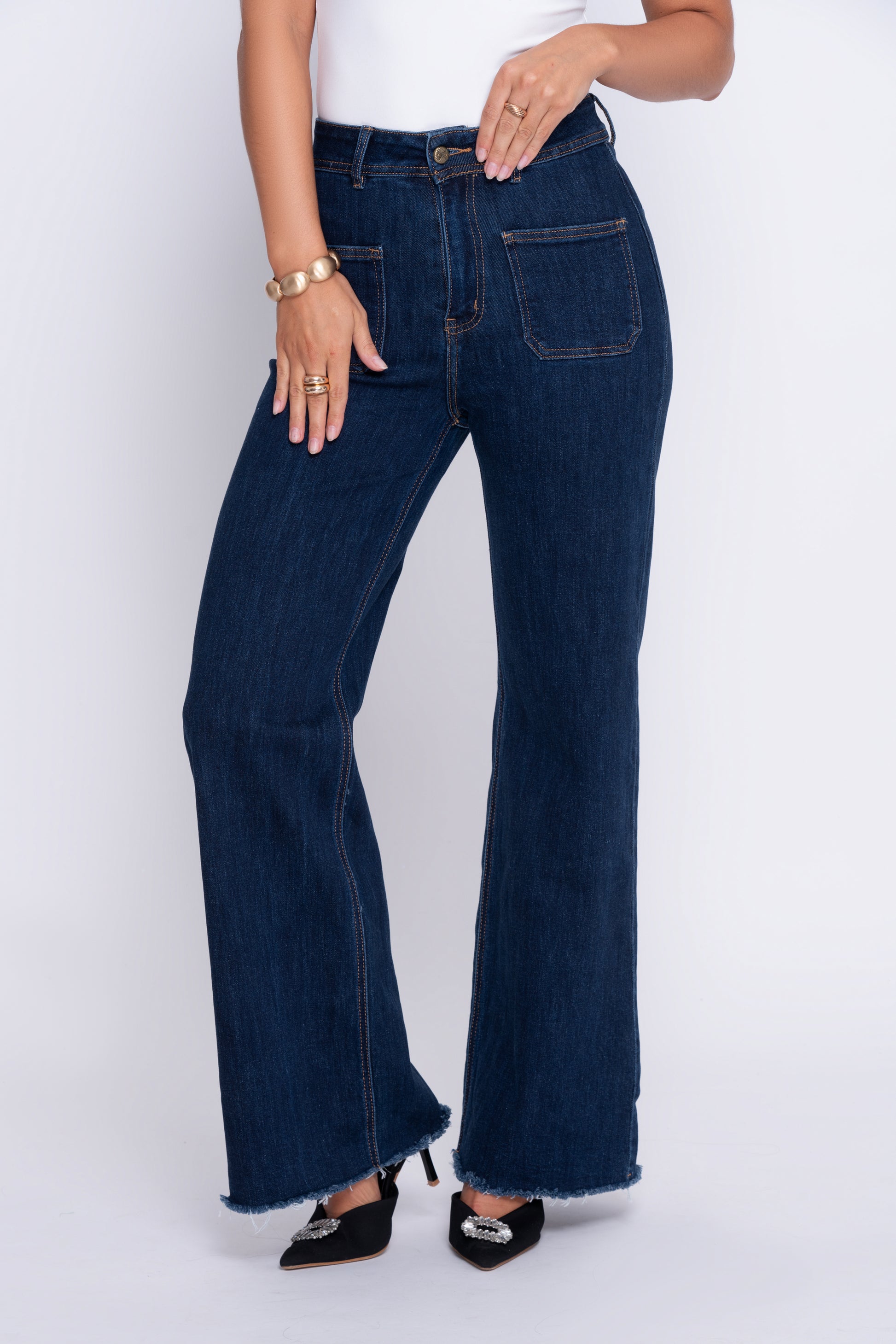 Evie Dark Blue High Rise Wide Leg Stretch Jeans