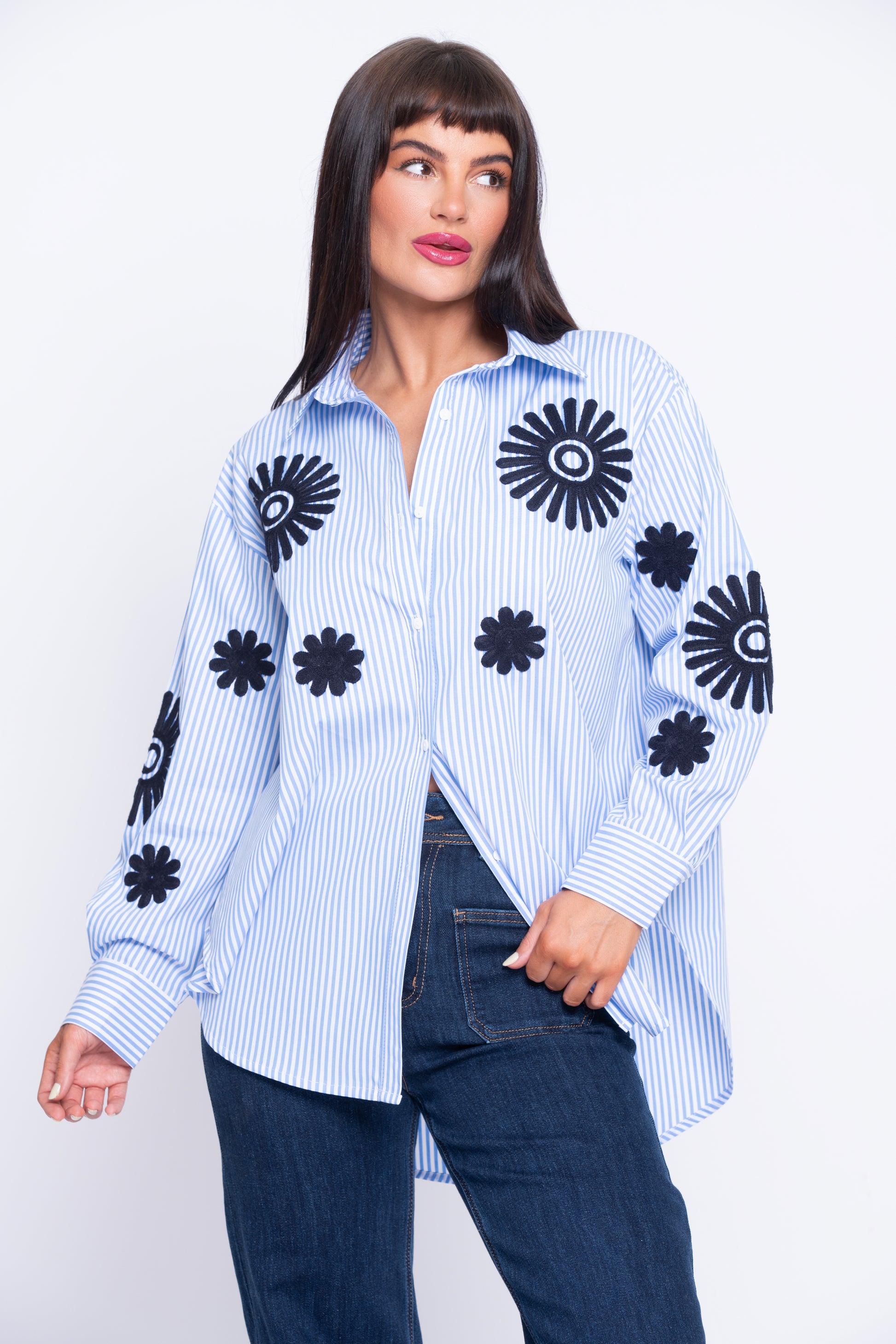 Lisette blue stripe shirt with flowers