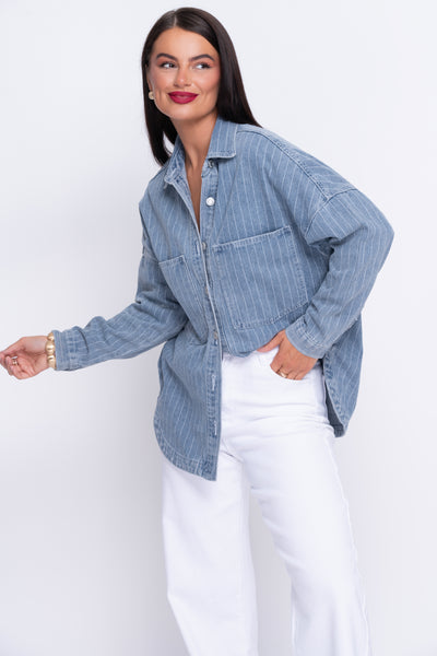 Denim ticking stripe long sleeve shacket