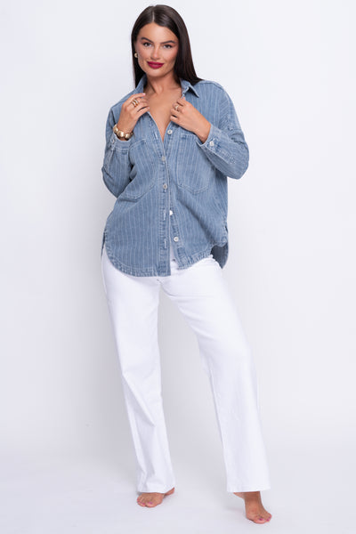 Denim ticking stripe long sleeve shacket