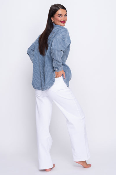 Denim ticking stripe long sleeve shacket
