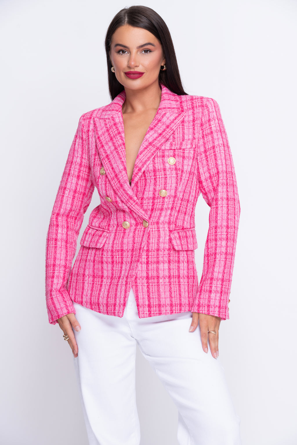 Fuchsia pink woven check blazer
