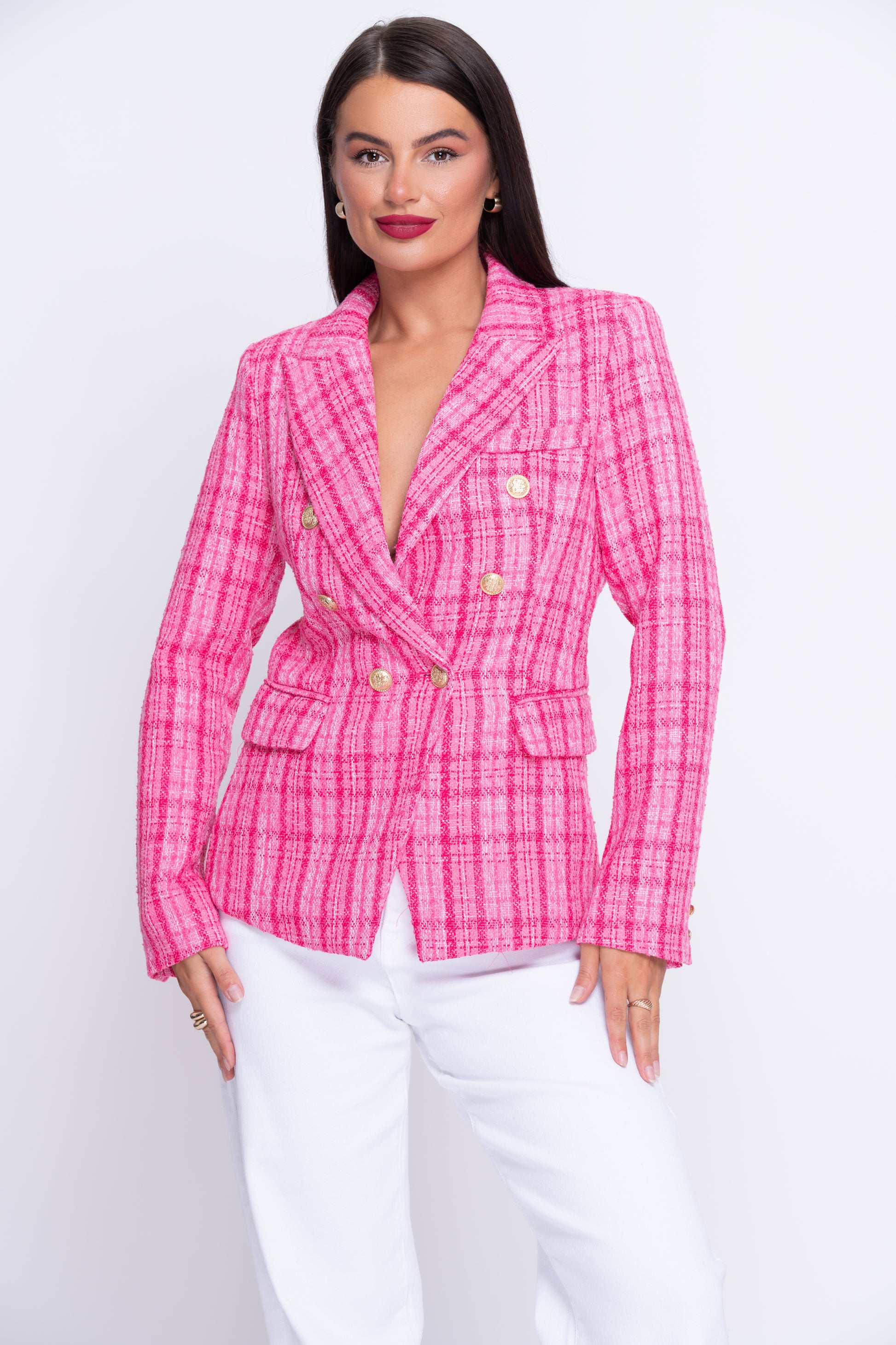Fuchsia pink woven check blazer