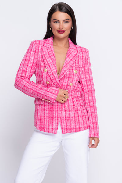 Fuchsia pink woven check blazer