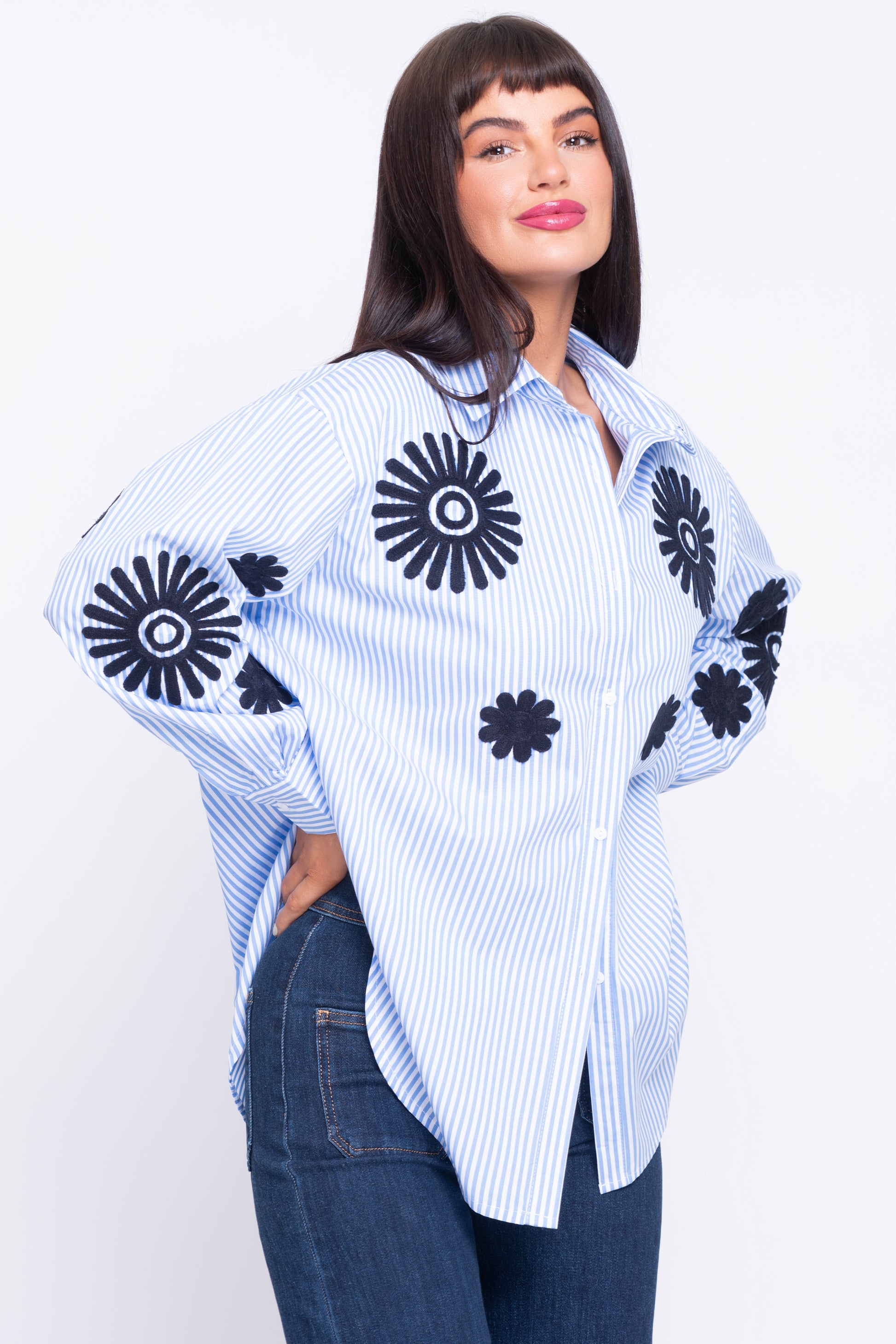 Lisette blue stripe shirt with flowers