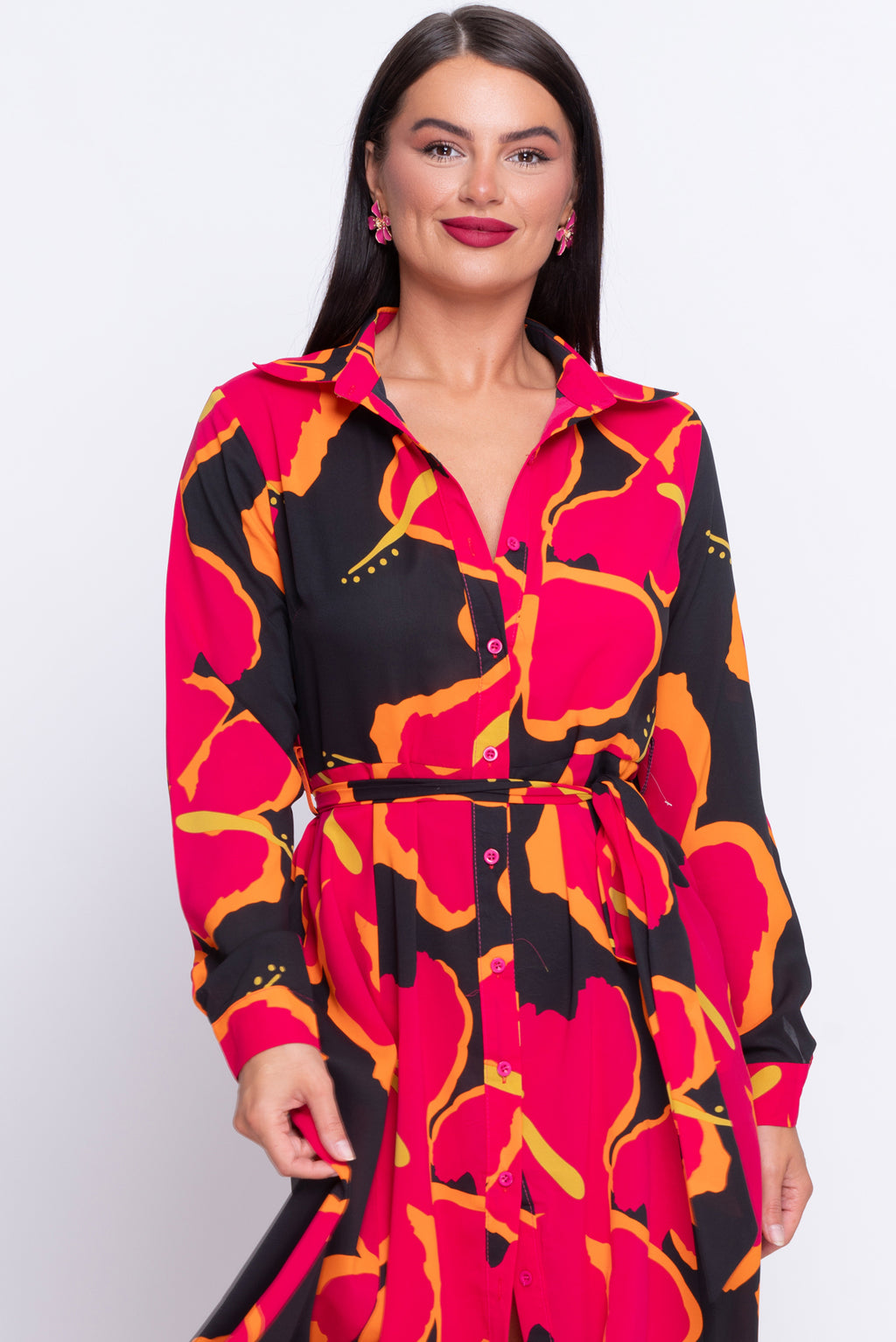 Brielle hot pink multi floral midi shirt dress