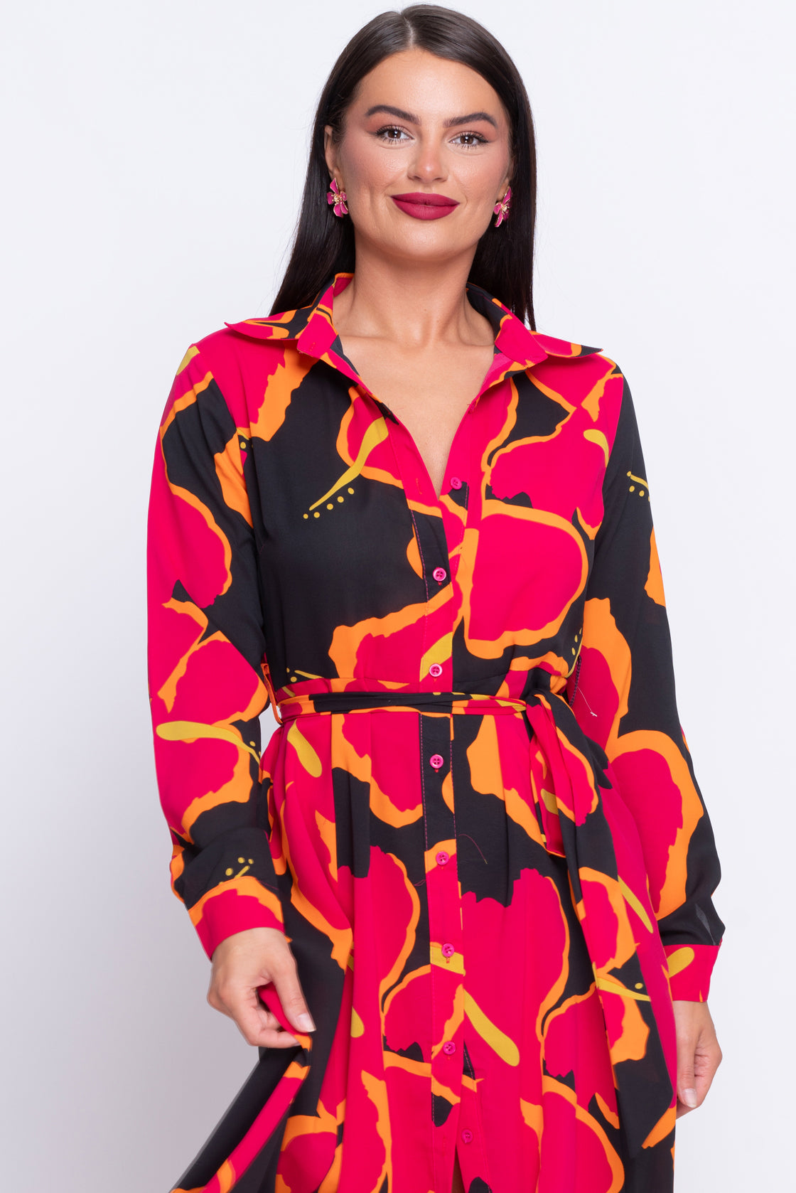 Brielle hot pink multi floral midi shirt dress