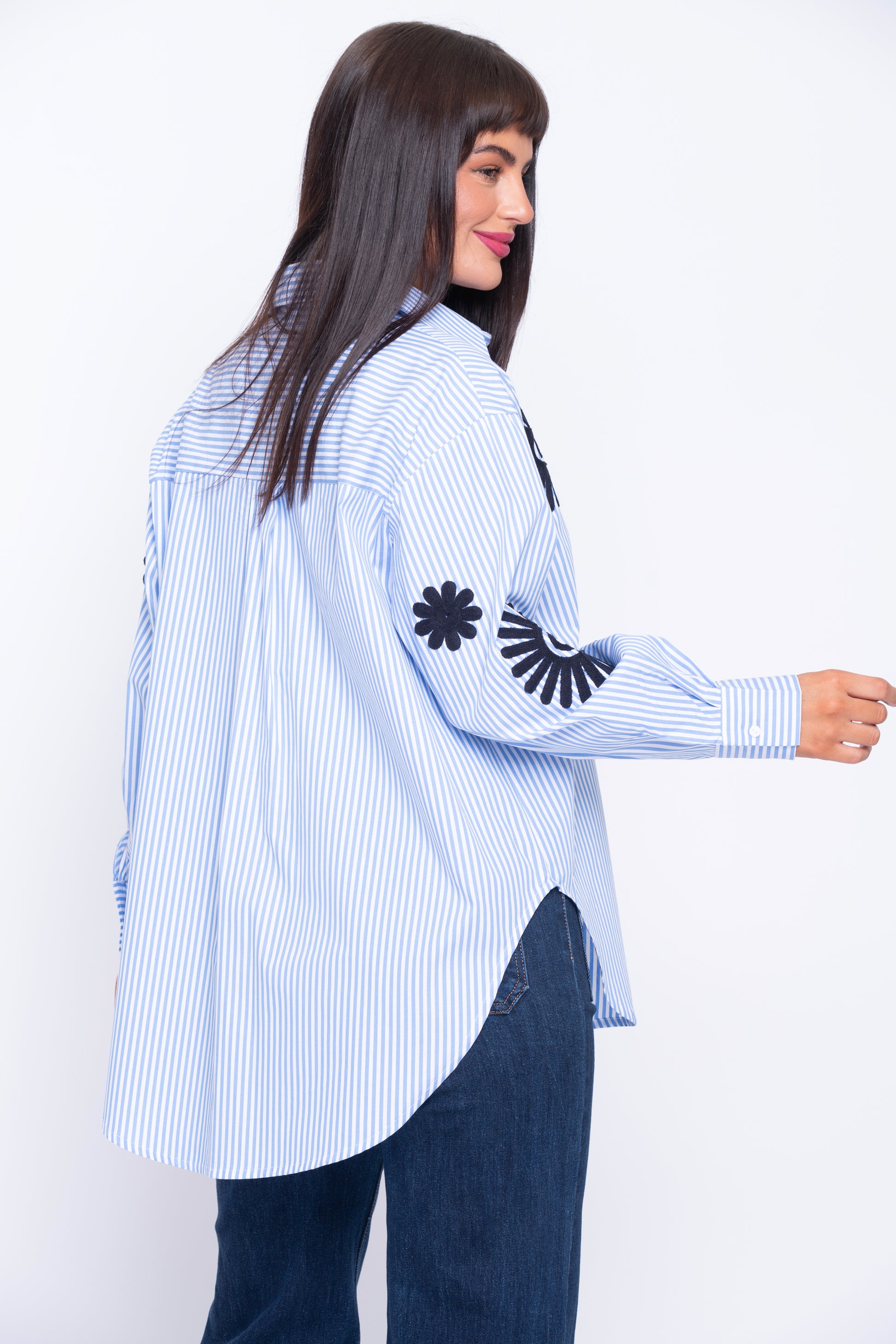Lisette blue stripe shirt with flowers