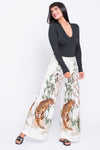 Tiger print cream satin wide leg pants