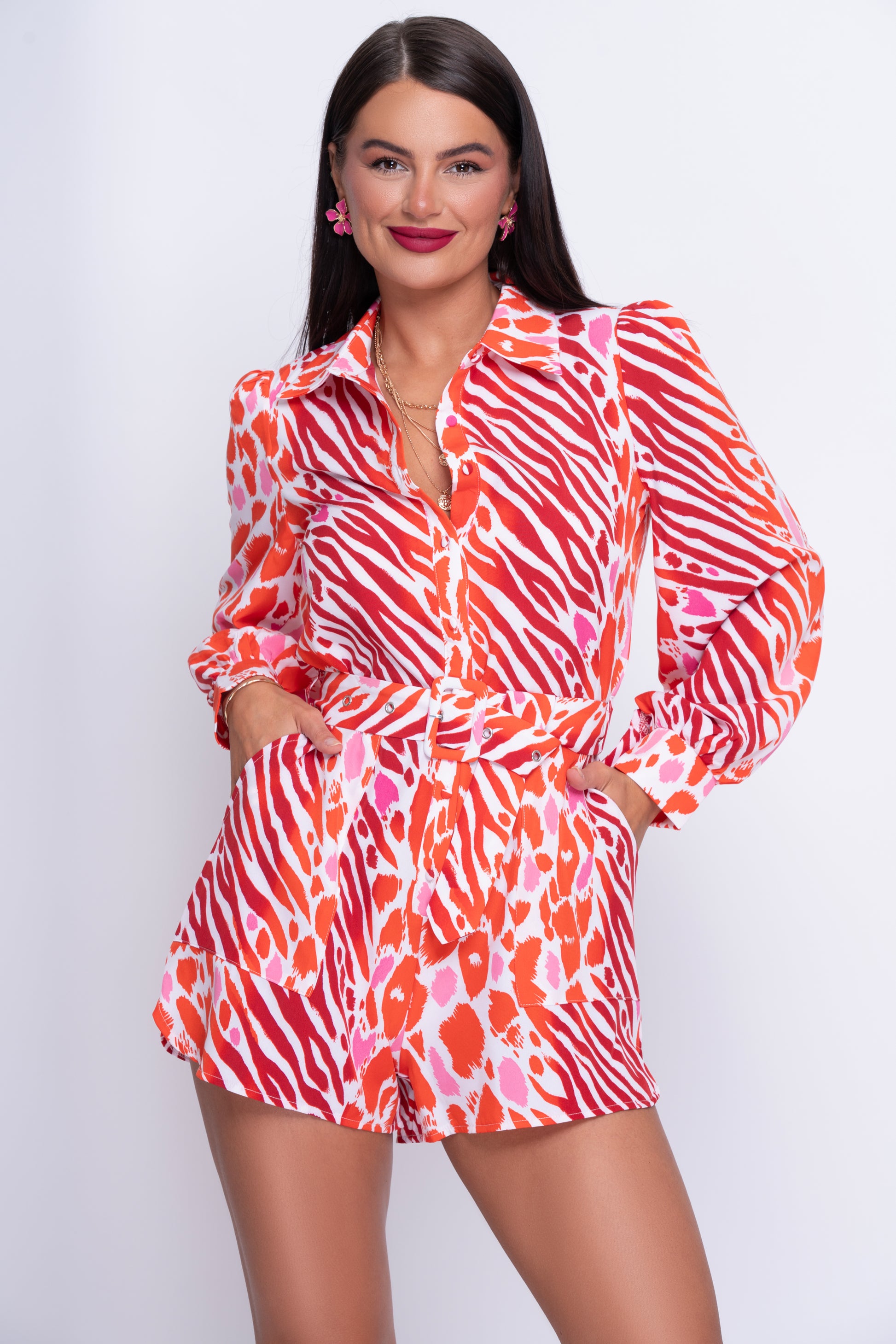 Chester pink and orange belted playsuit
