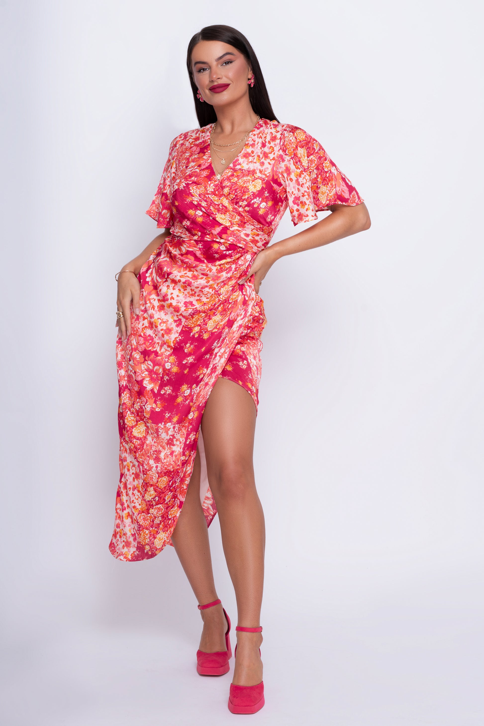 Natasha pink floral wrap midi dress