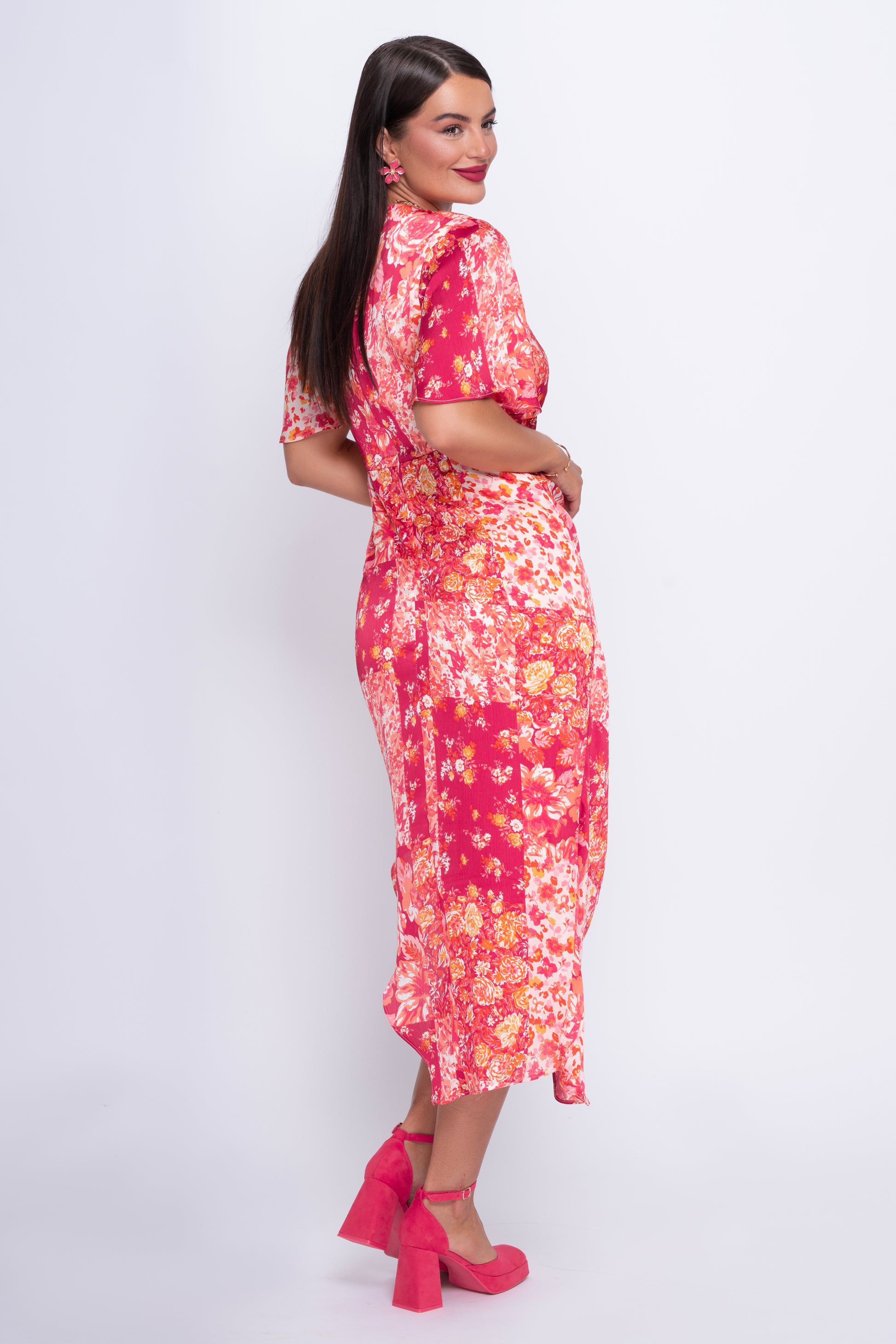 Natasha pink floral wrap midi dress