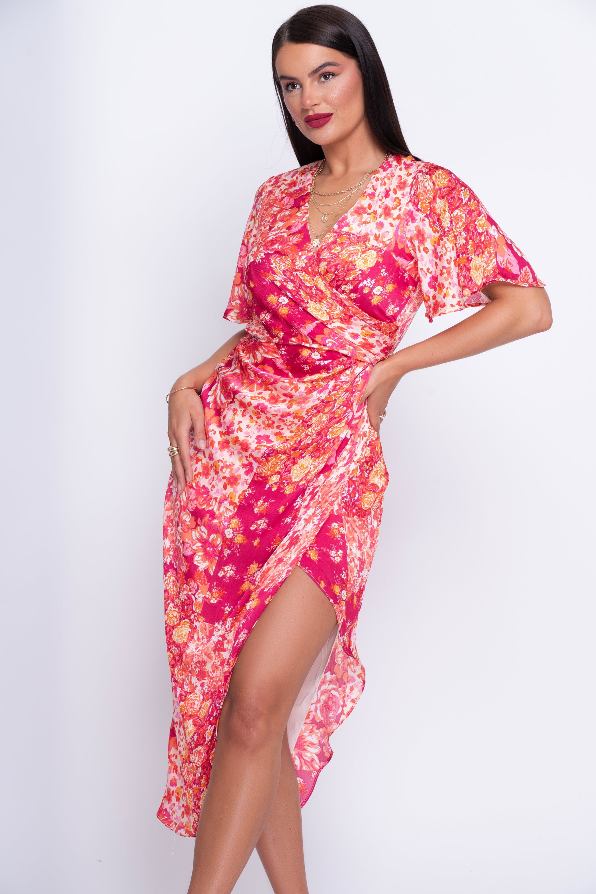 Natasha pink floral wrap midi dress