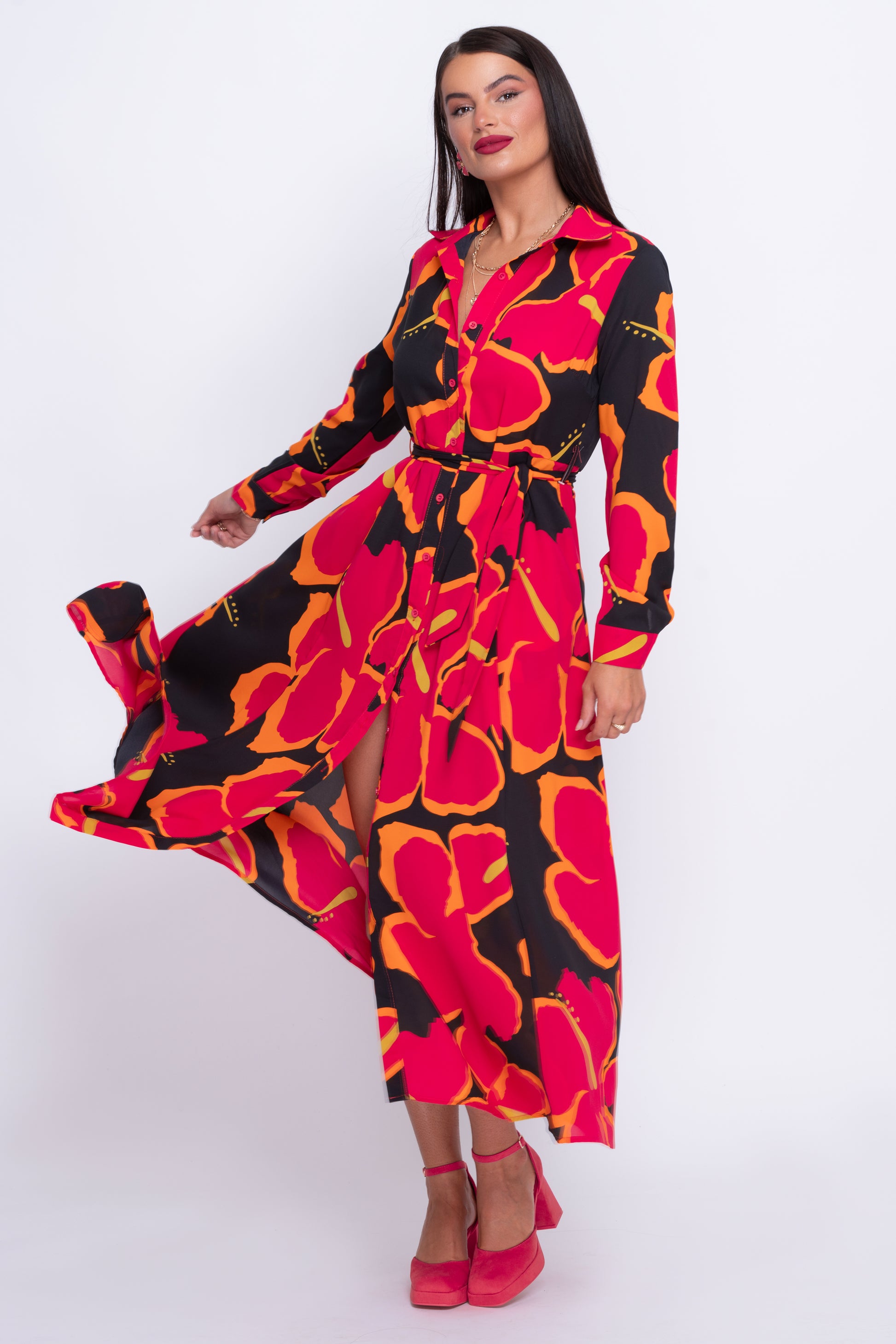 Brielle hot pink multi floral midi shirt dress