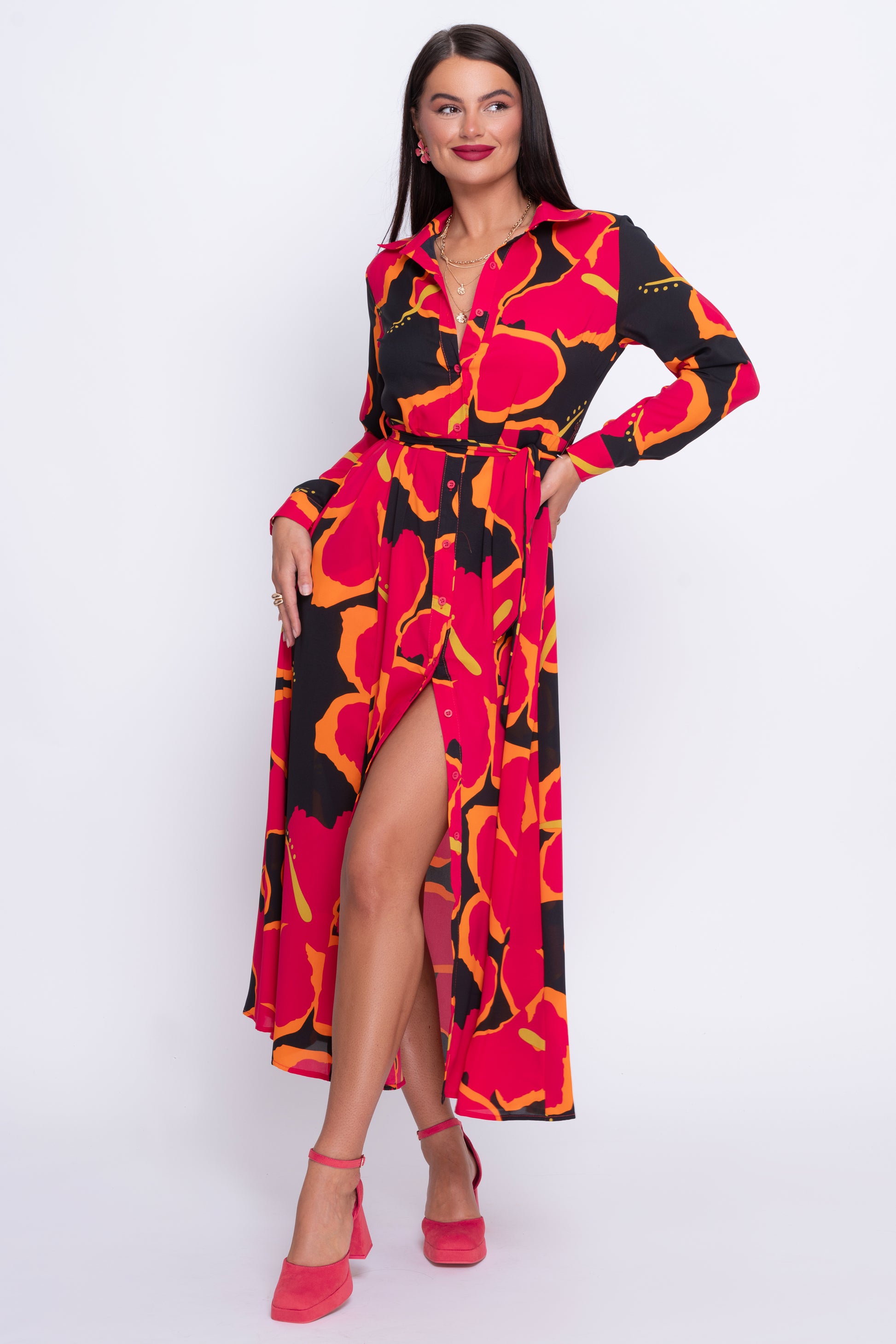 Brielle hot pink multi floral midi shirt dress
