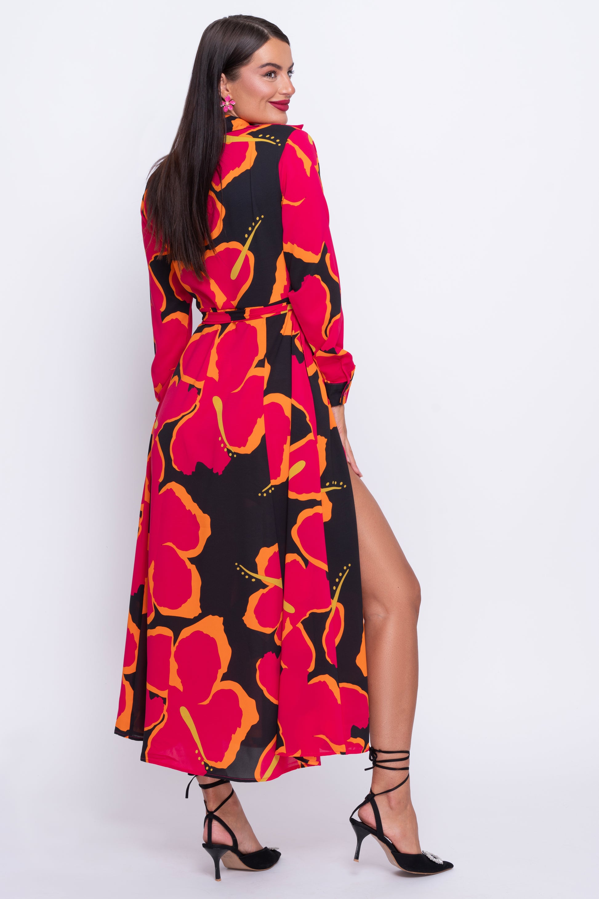 Brielle hot pink multi floral midi shirt dress