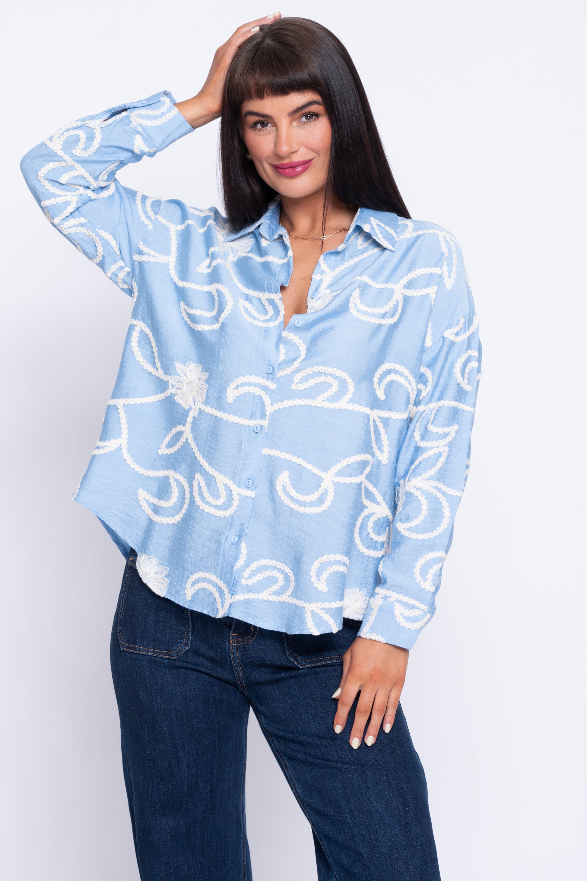 Cornflower blue shirt with cream motif