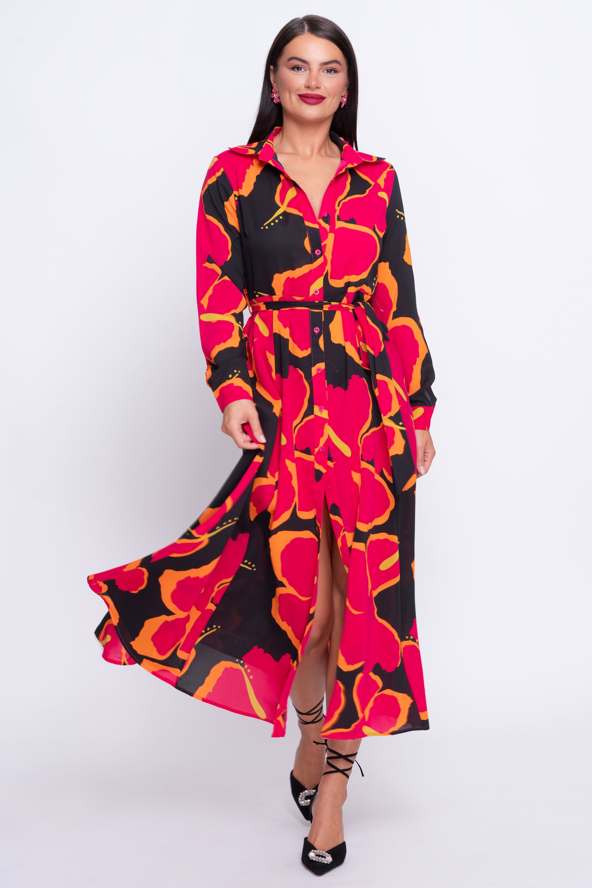 Brielle hot pink multi floral midi shirt dress