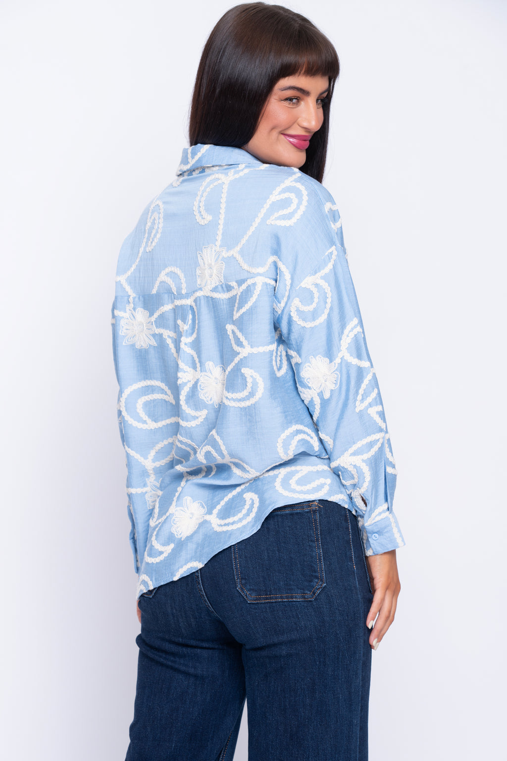 Cornflower blue shirt with cream motif