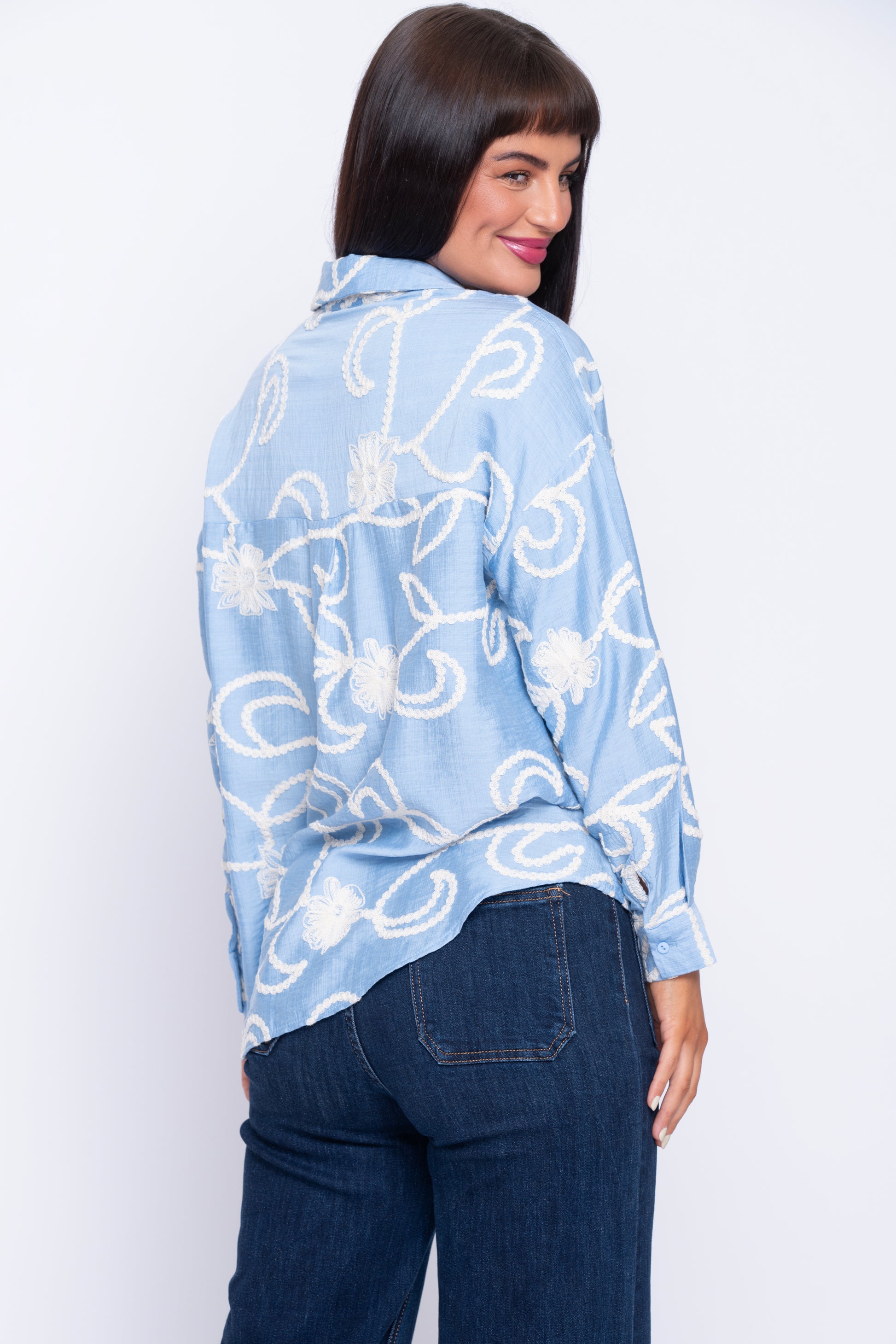 Cornflower blue shirt with cream motif