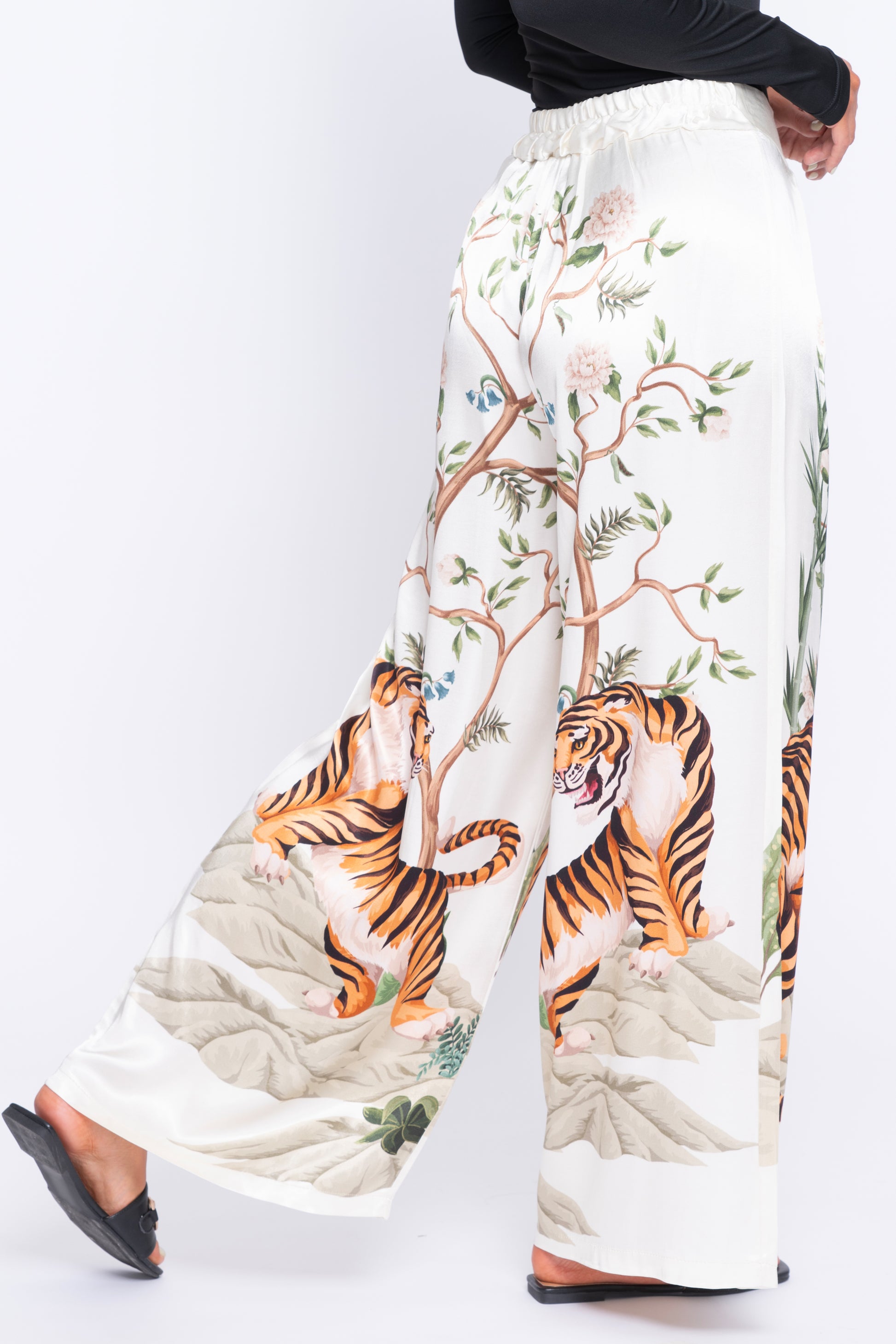 Tiger print cream satin wide leg pants