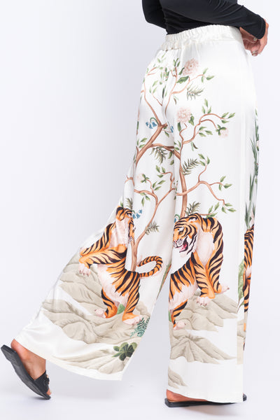 Tiger print cream satin wide leg pants