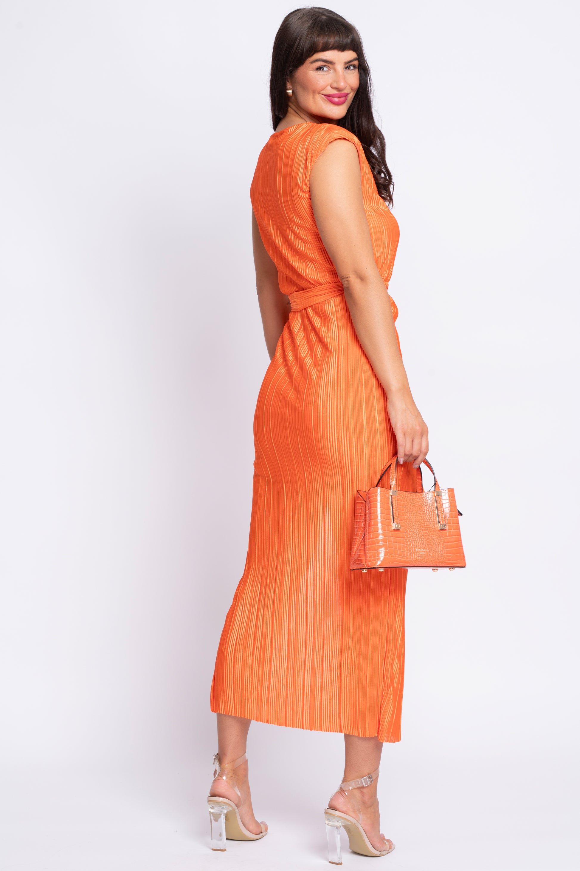 Elena orange crinkle ruched midi dress