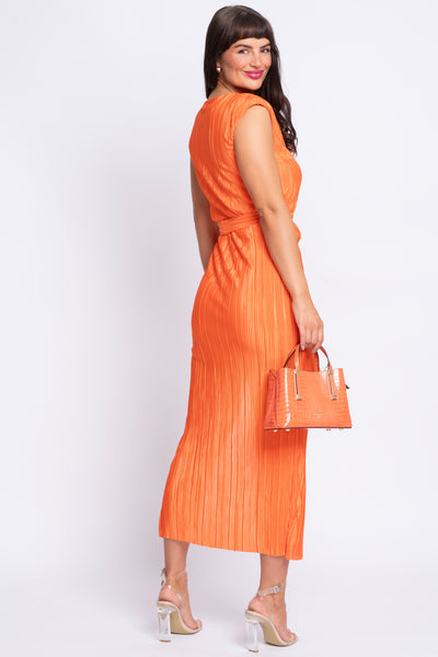Elena orange crinkle ruched midi dress