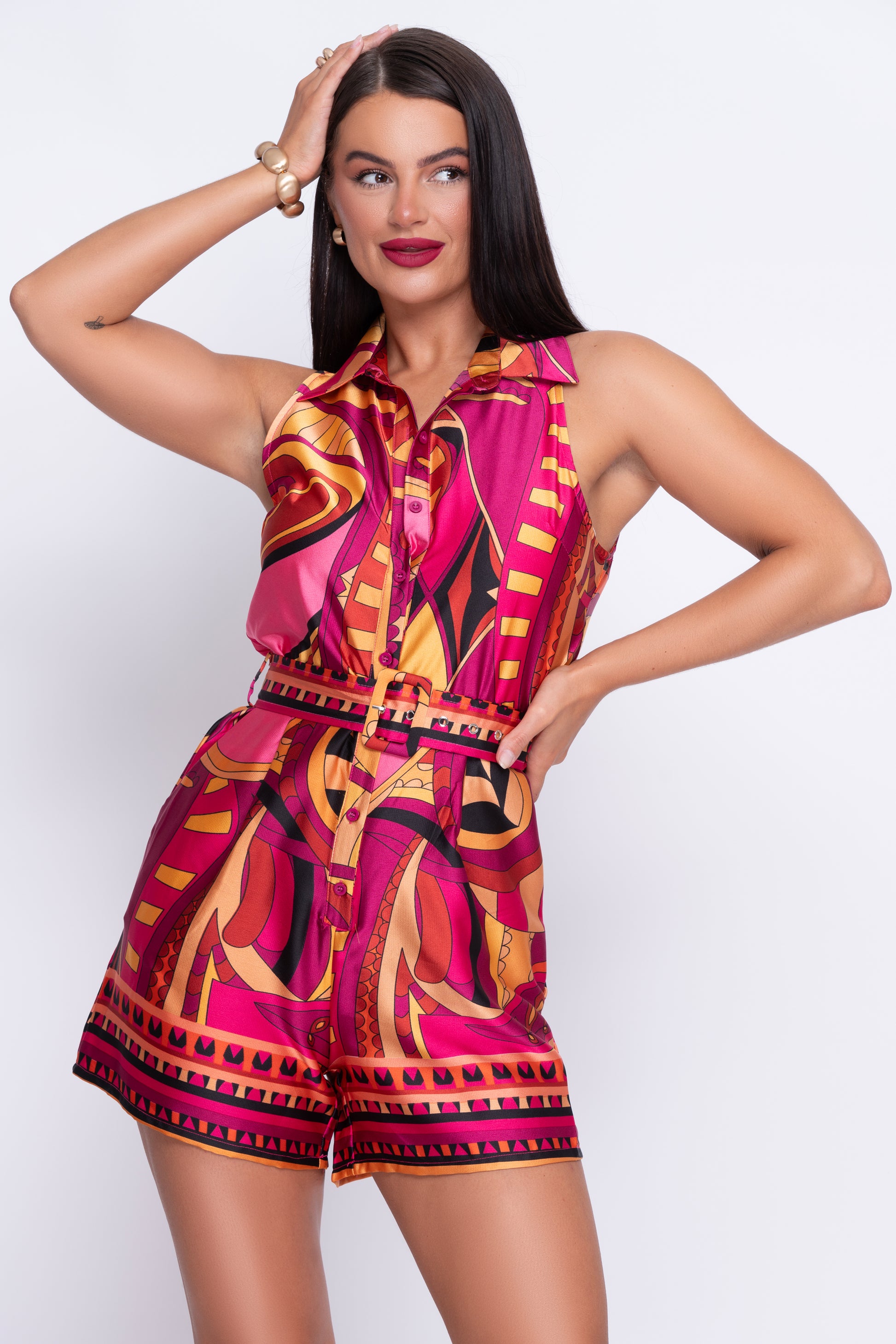 Ria hot pink border print playsuit