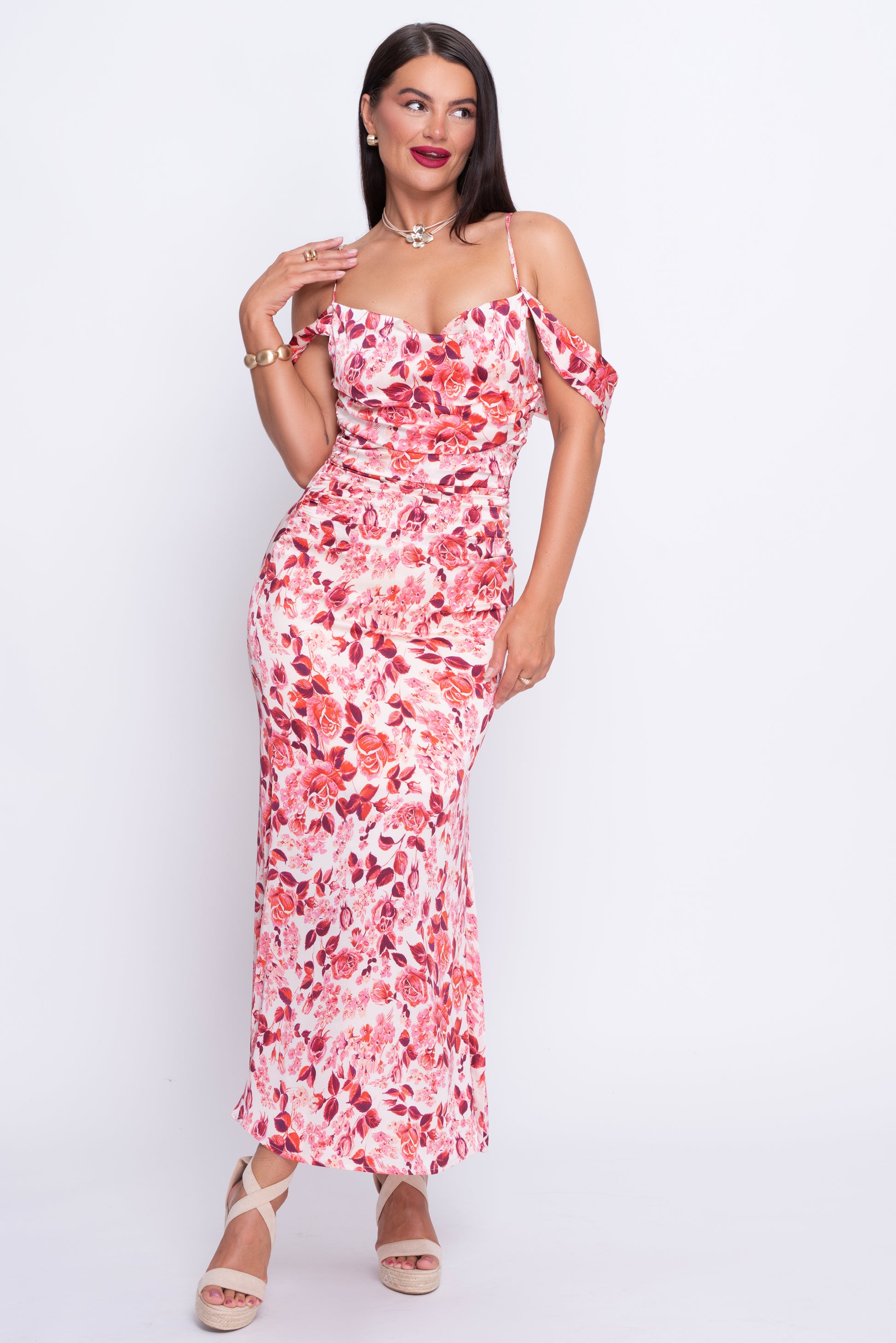 Madeline pink floral fishtail midi dress