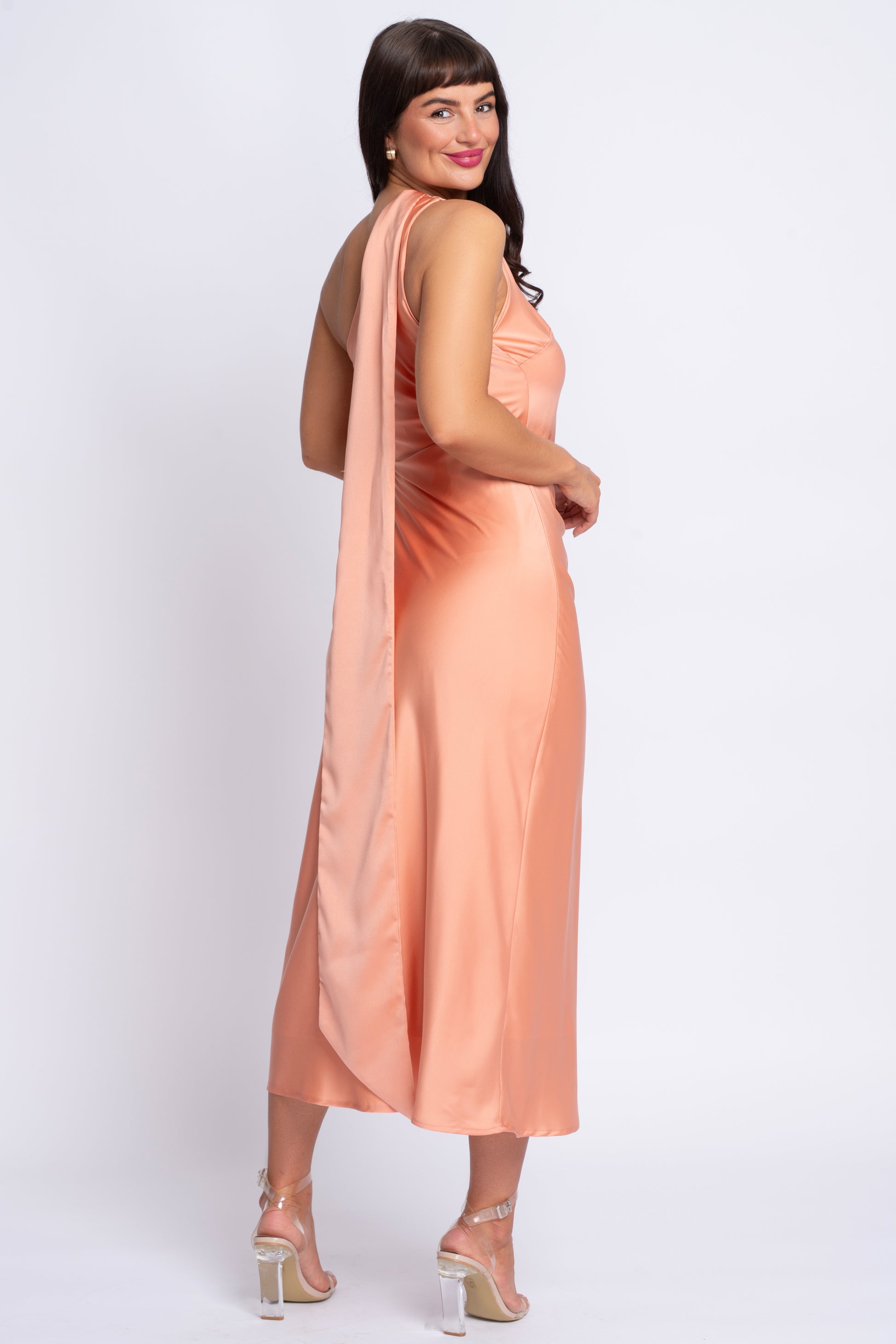 Selling Sunset peach satin one shoulder midi dress