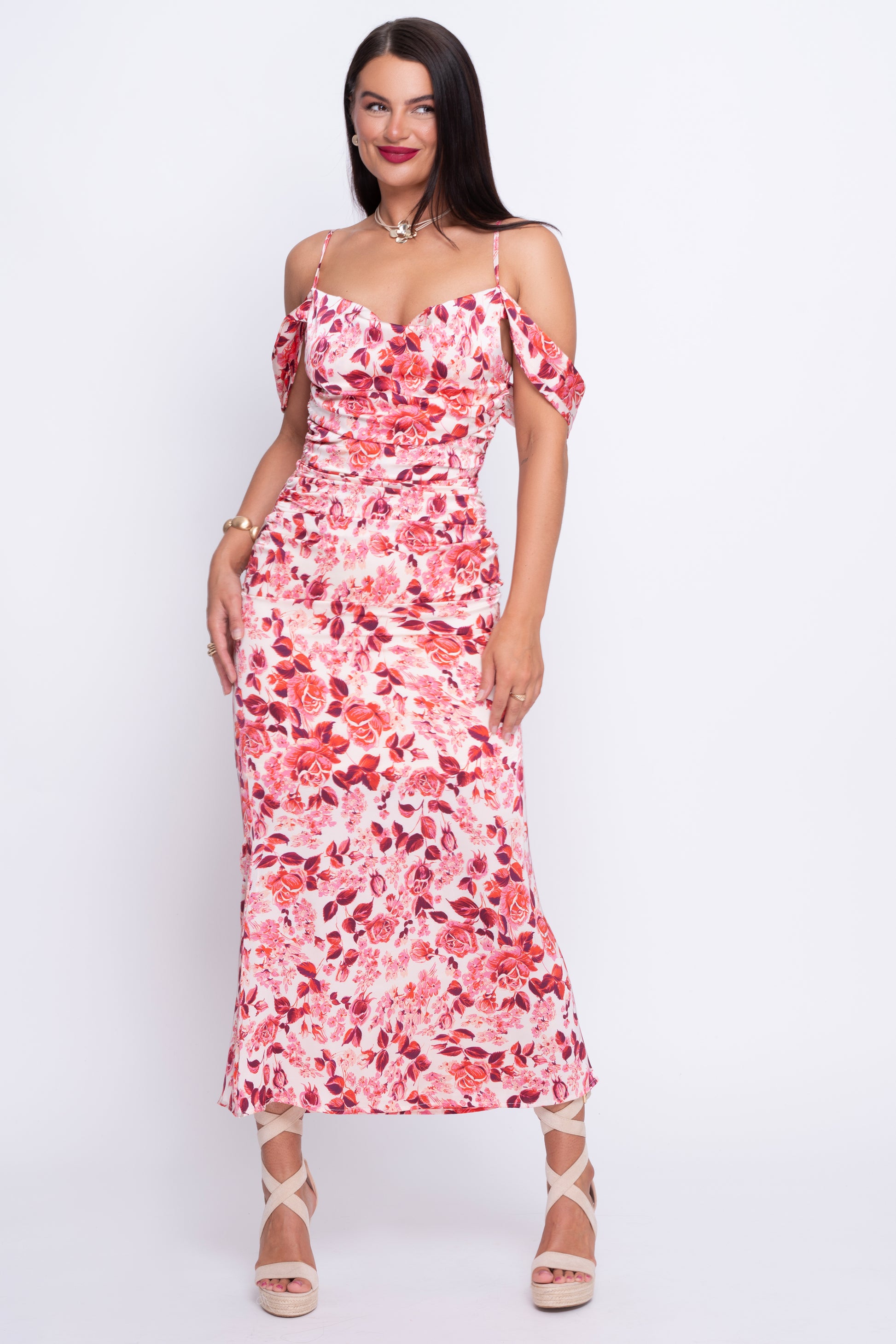 Madeline pink floral fishtail midi dress