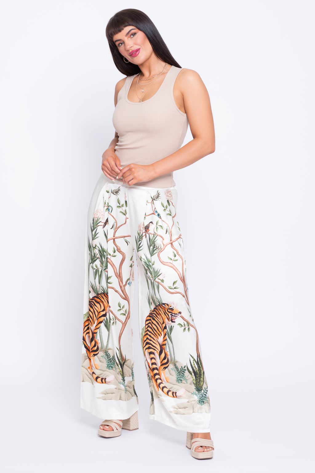 Tiger print cream satin wide leg pants