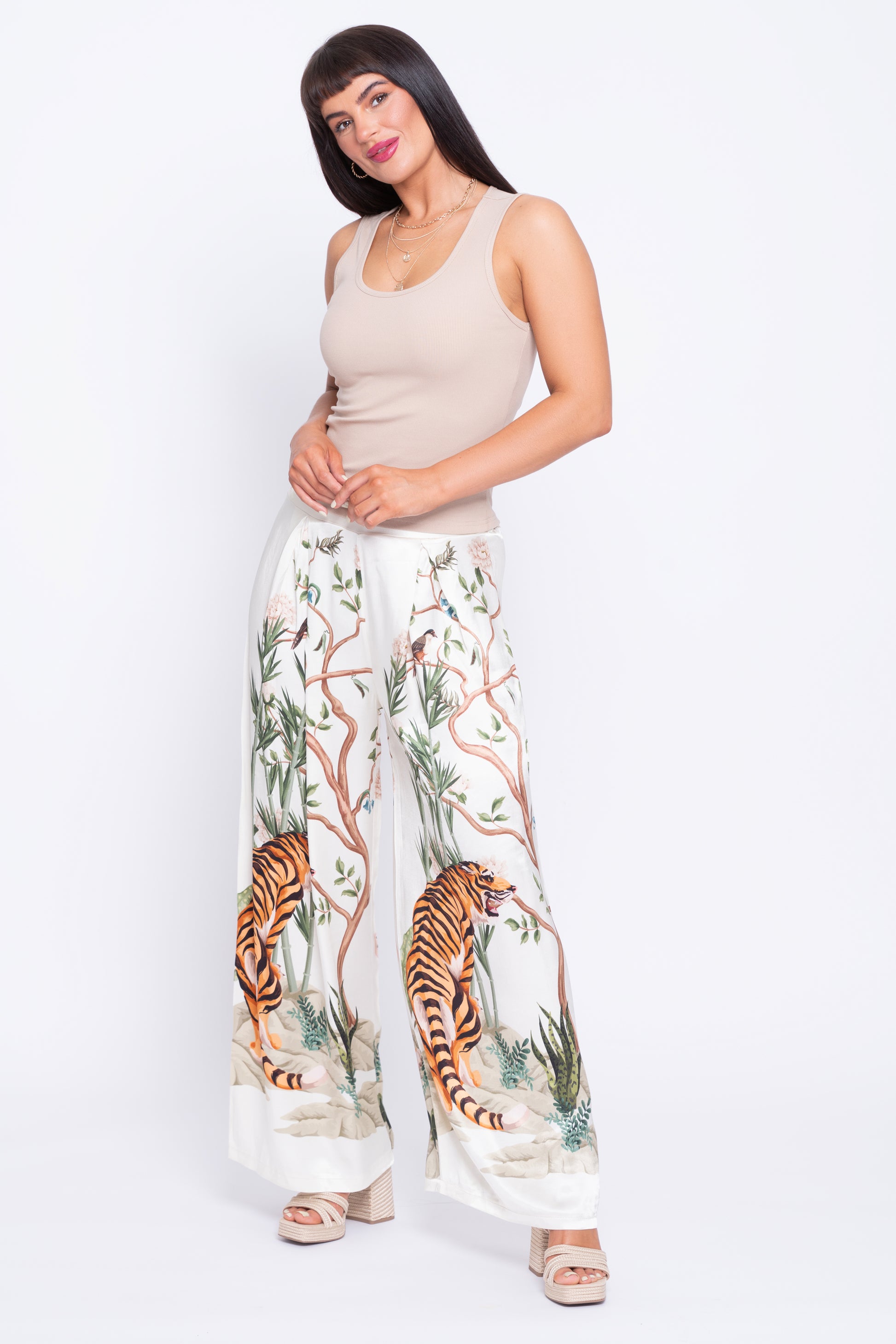 Tiger print cream satin wide leg pants