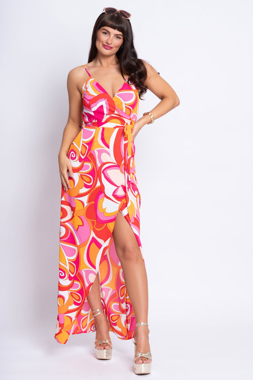 Mia pink and orange retro print maxi dress