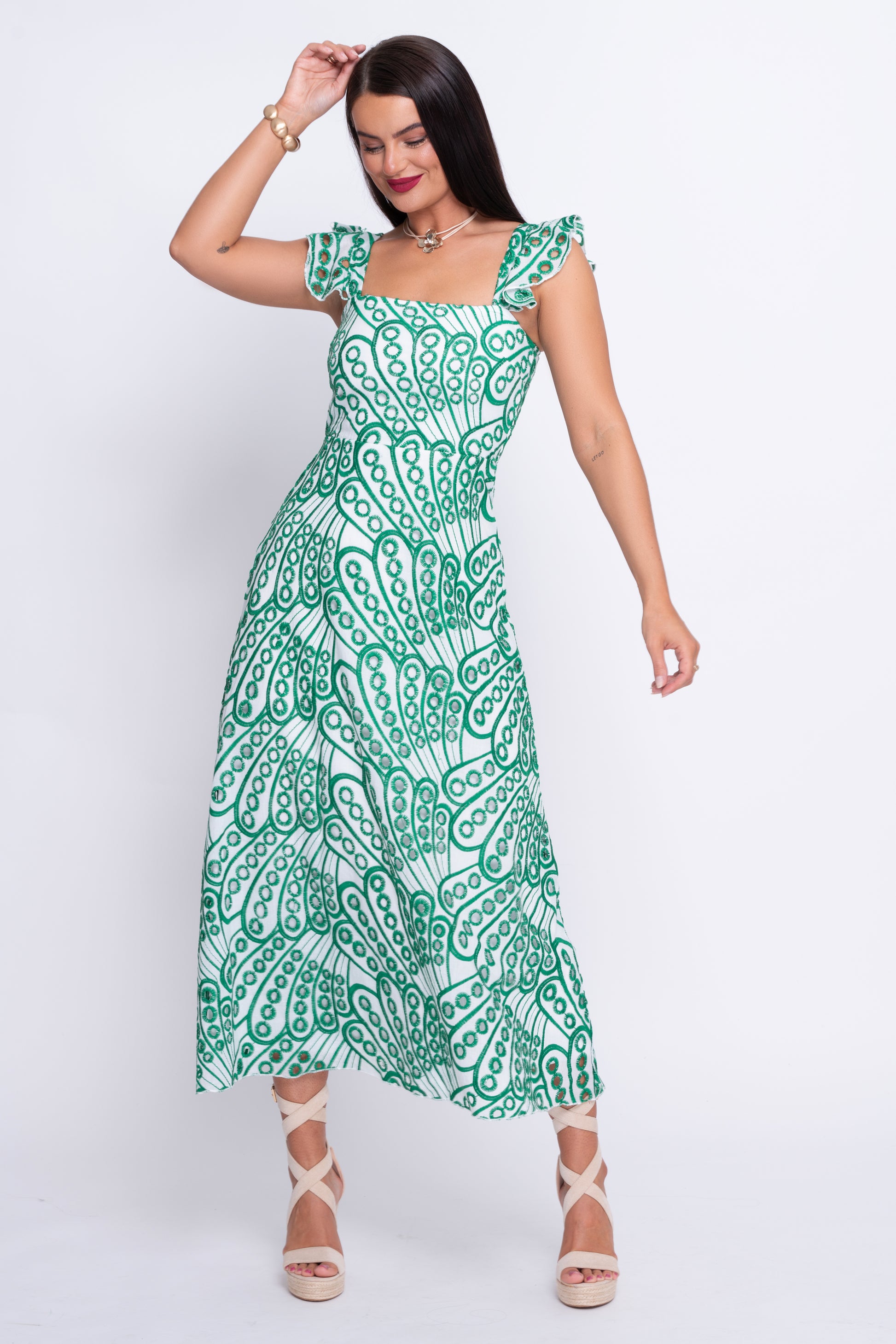 Orla green broderie anglaise midi dress