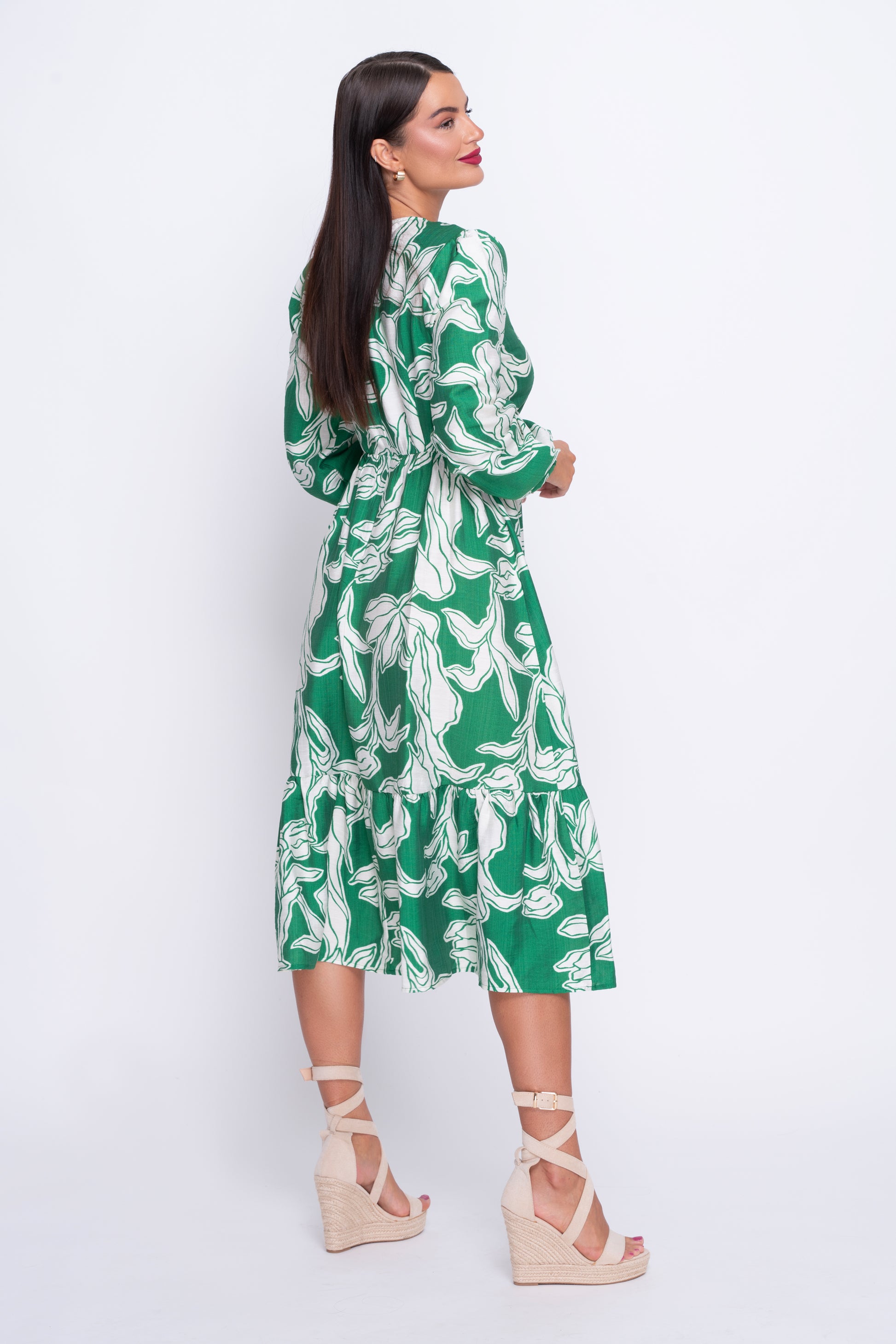 May green floral tiered midi dress