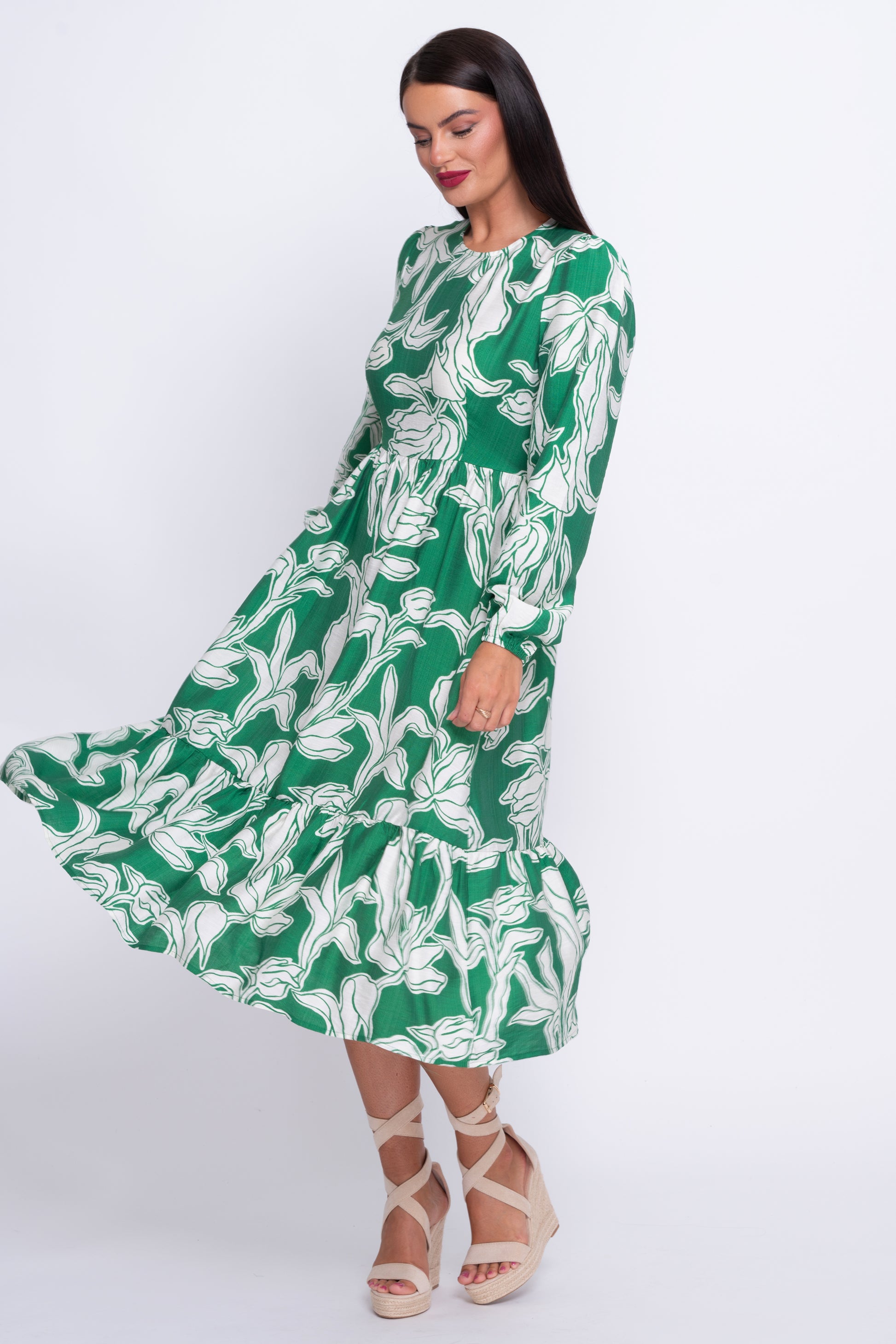 May green floral tiered midi dress