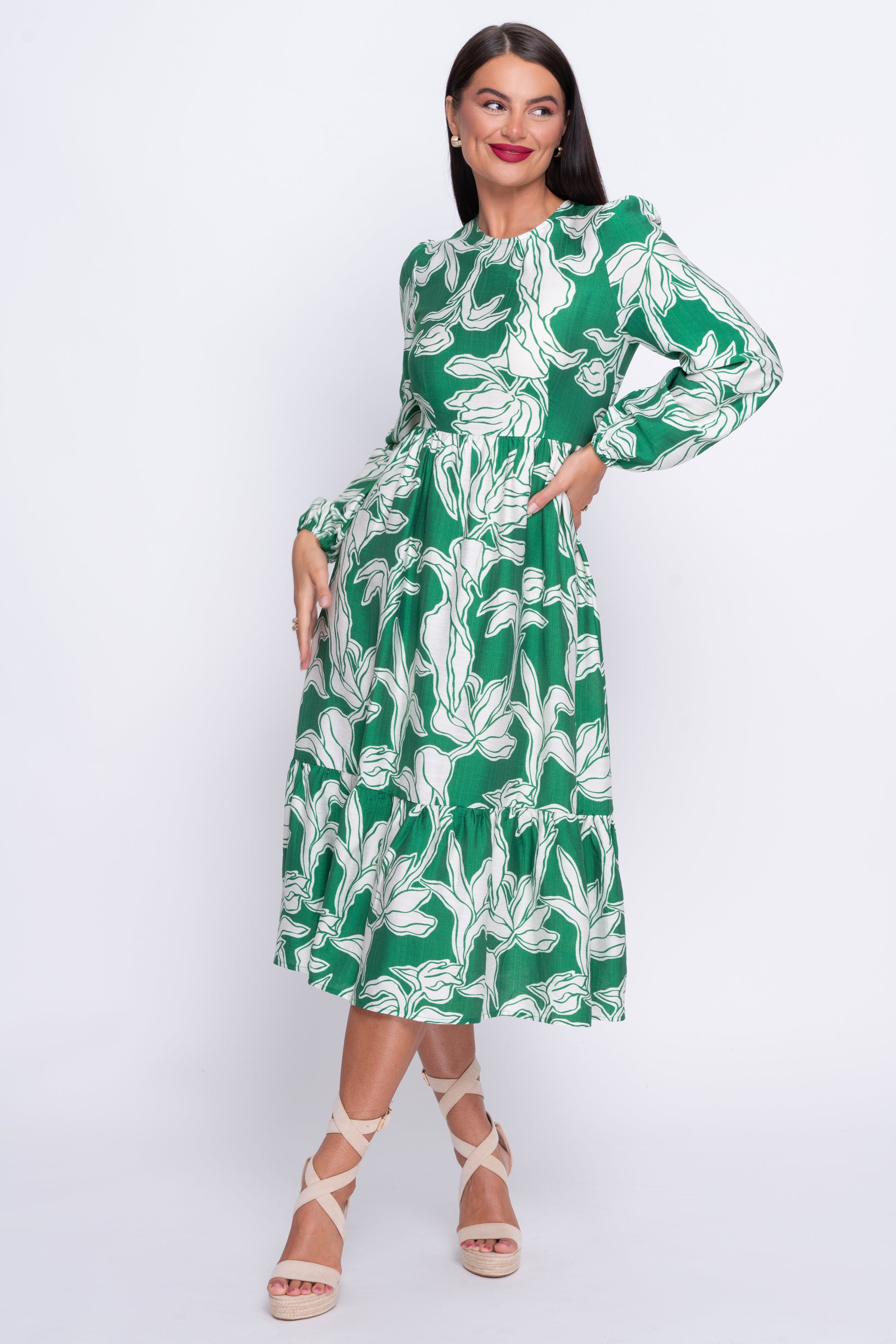 May green floral tiered midi dress