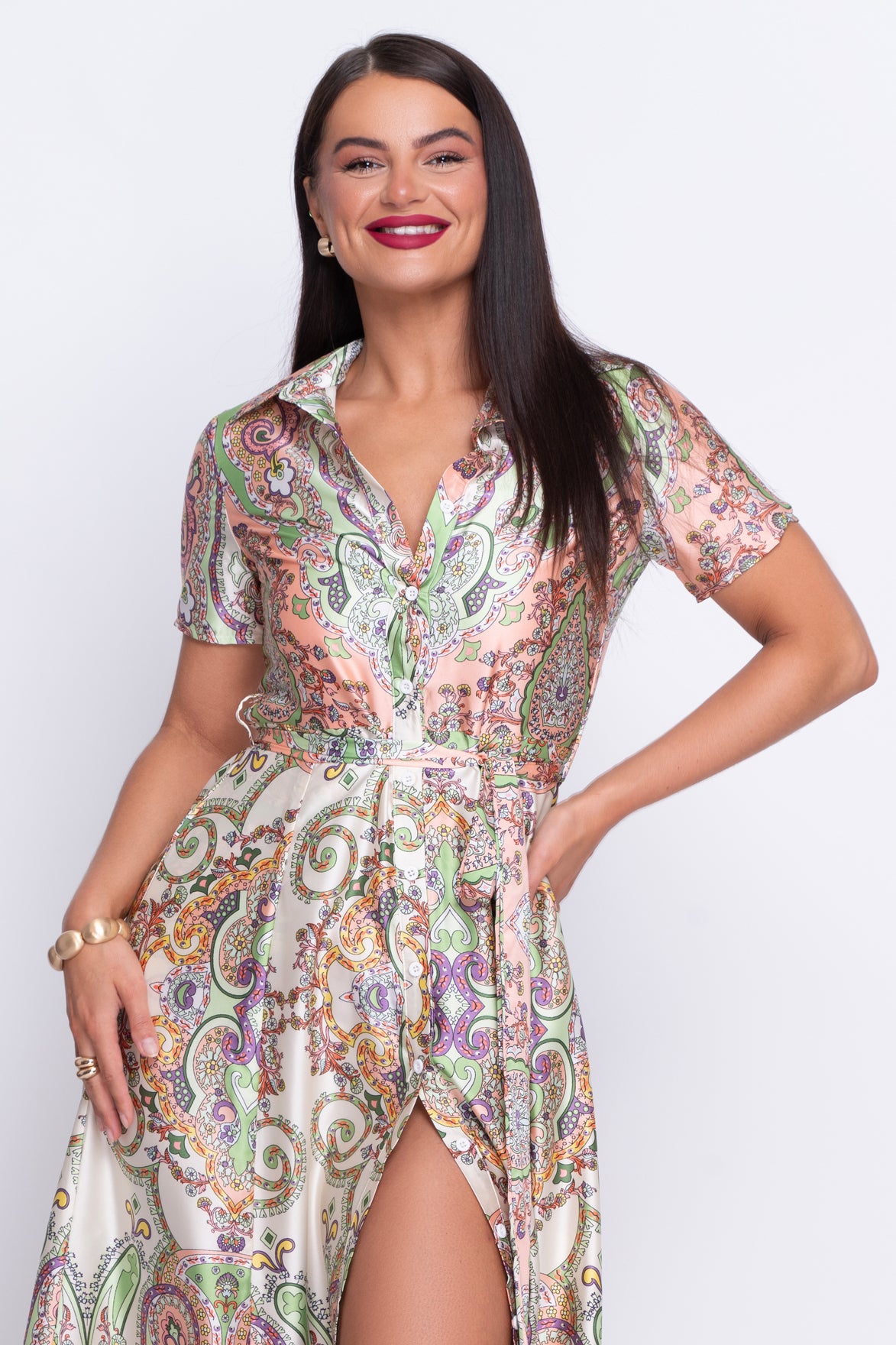 Aurora border print silk midi dress