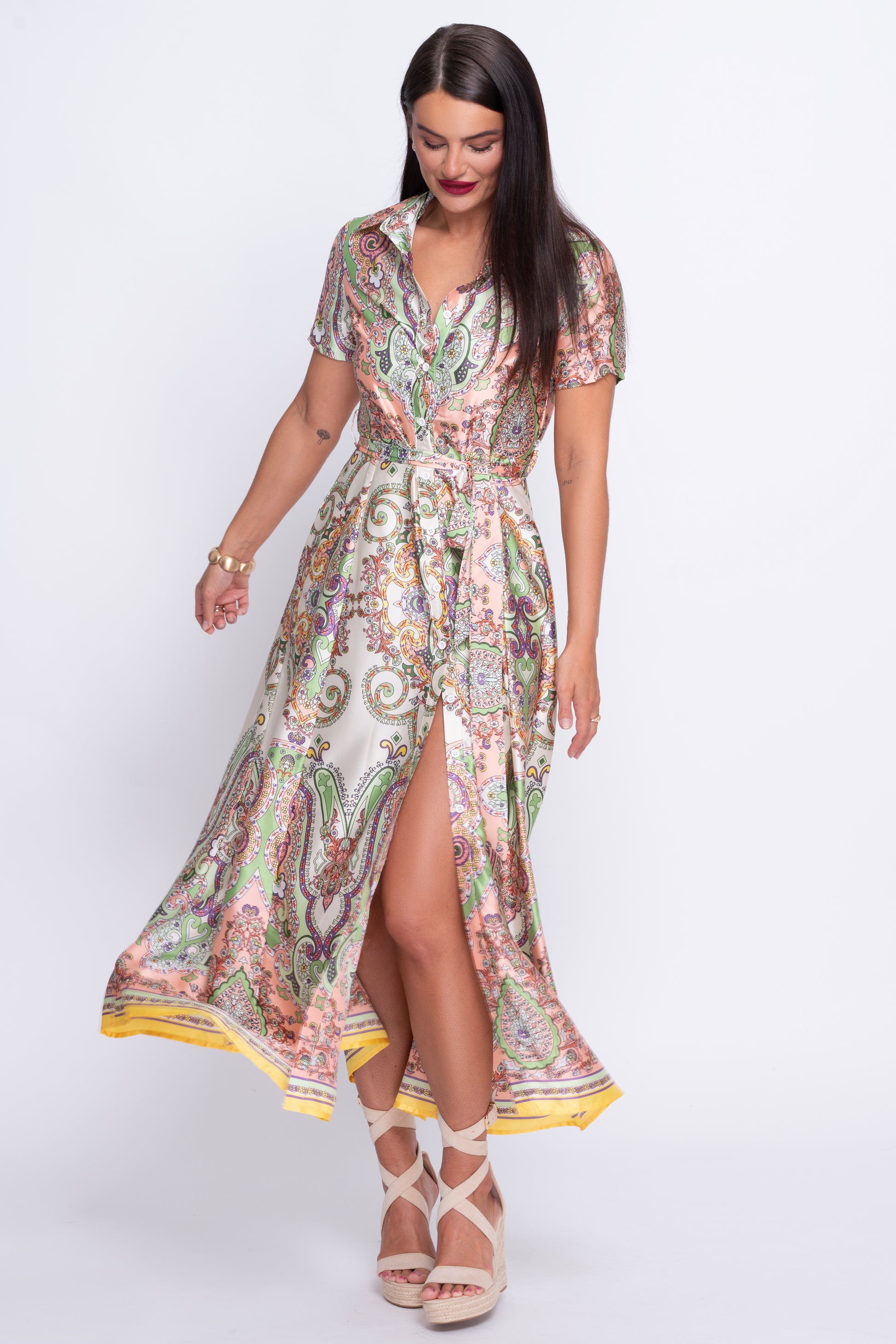 Aurora border print silk midi dress