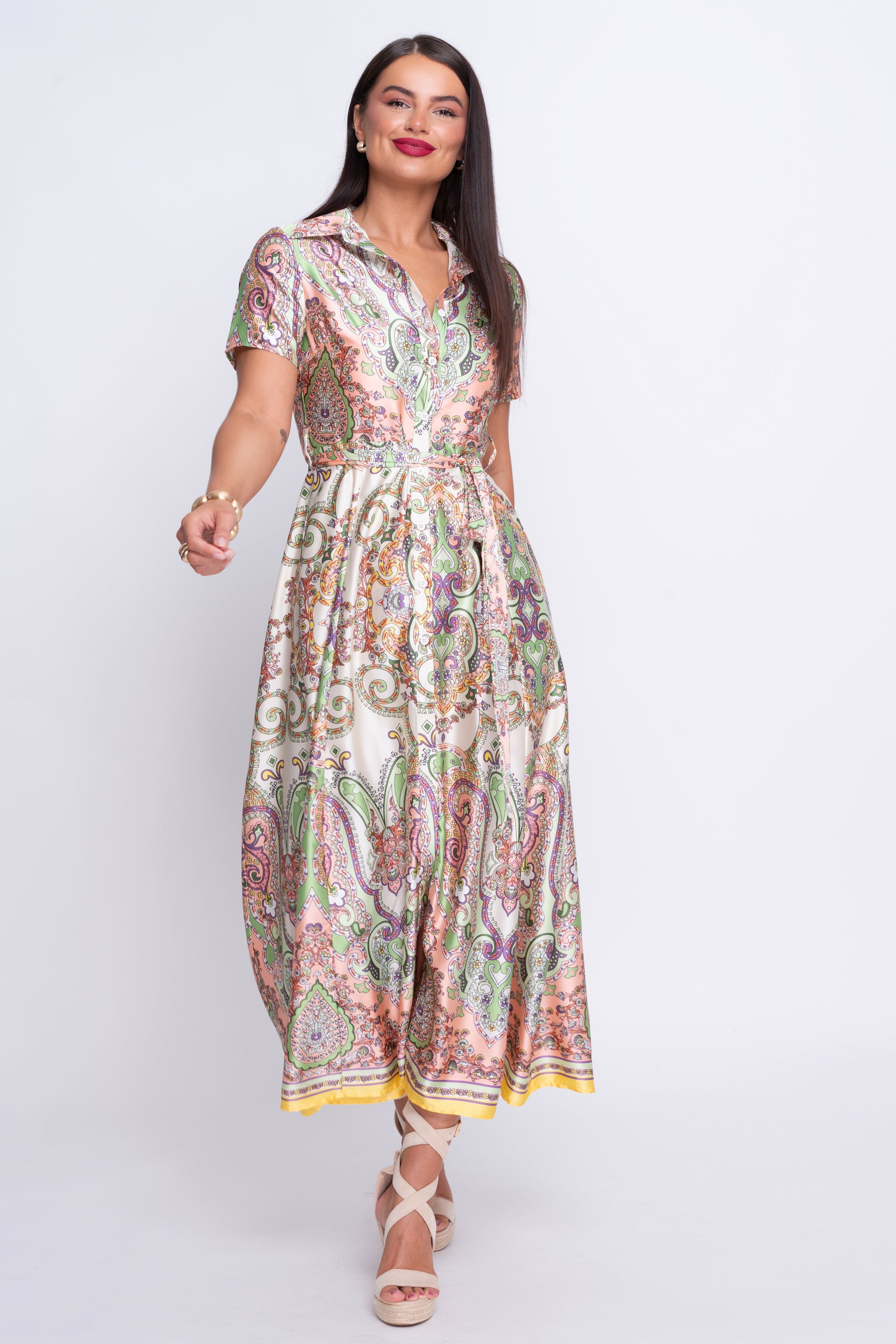 Aurora border print silk midi dress