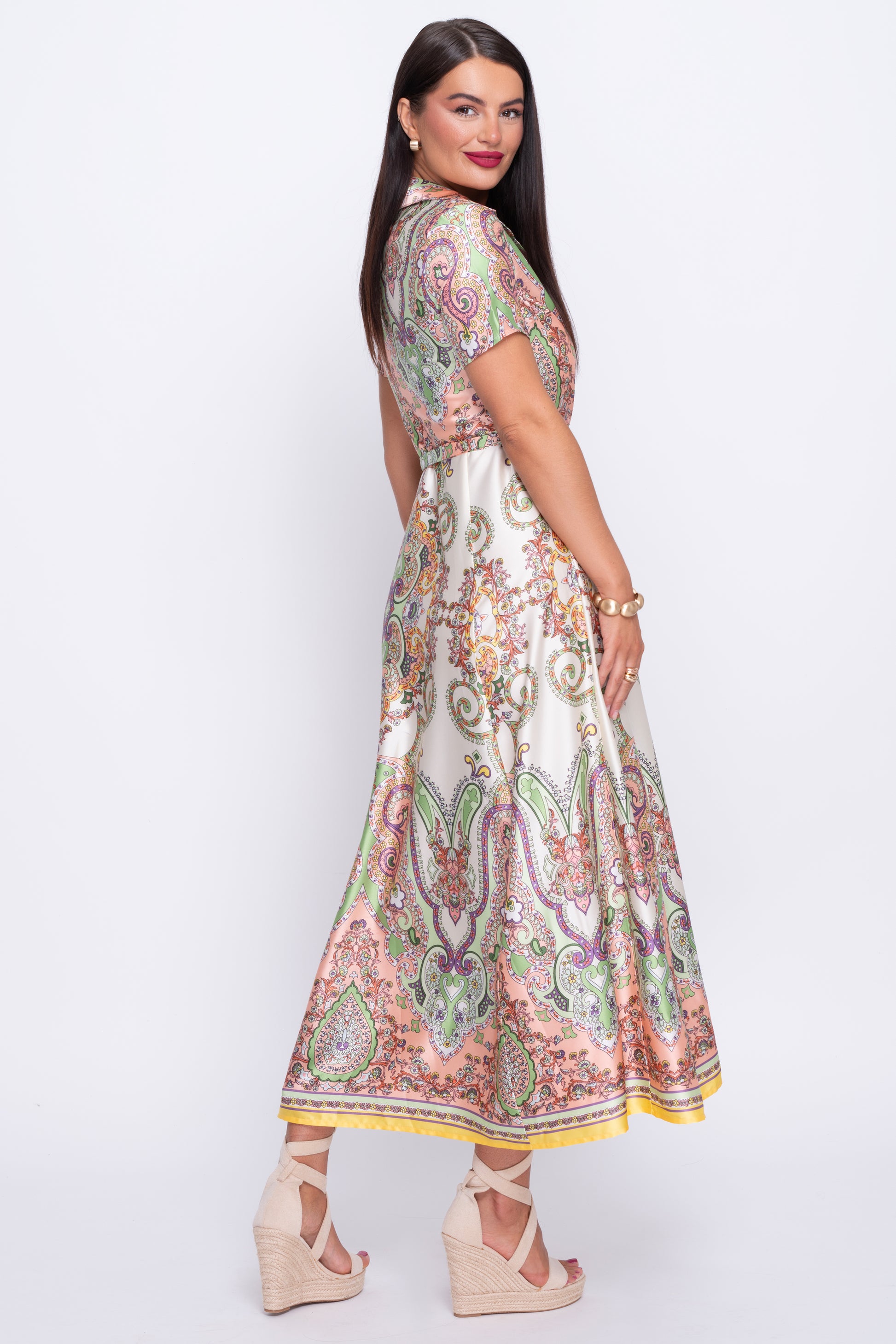 Aurora border print silk midi dress