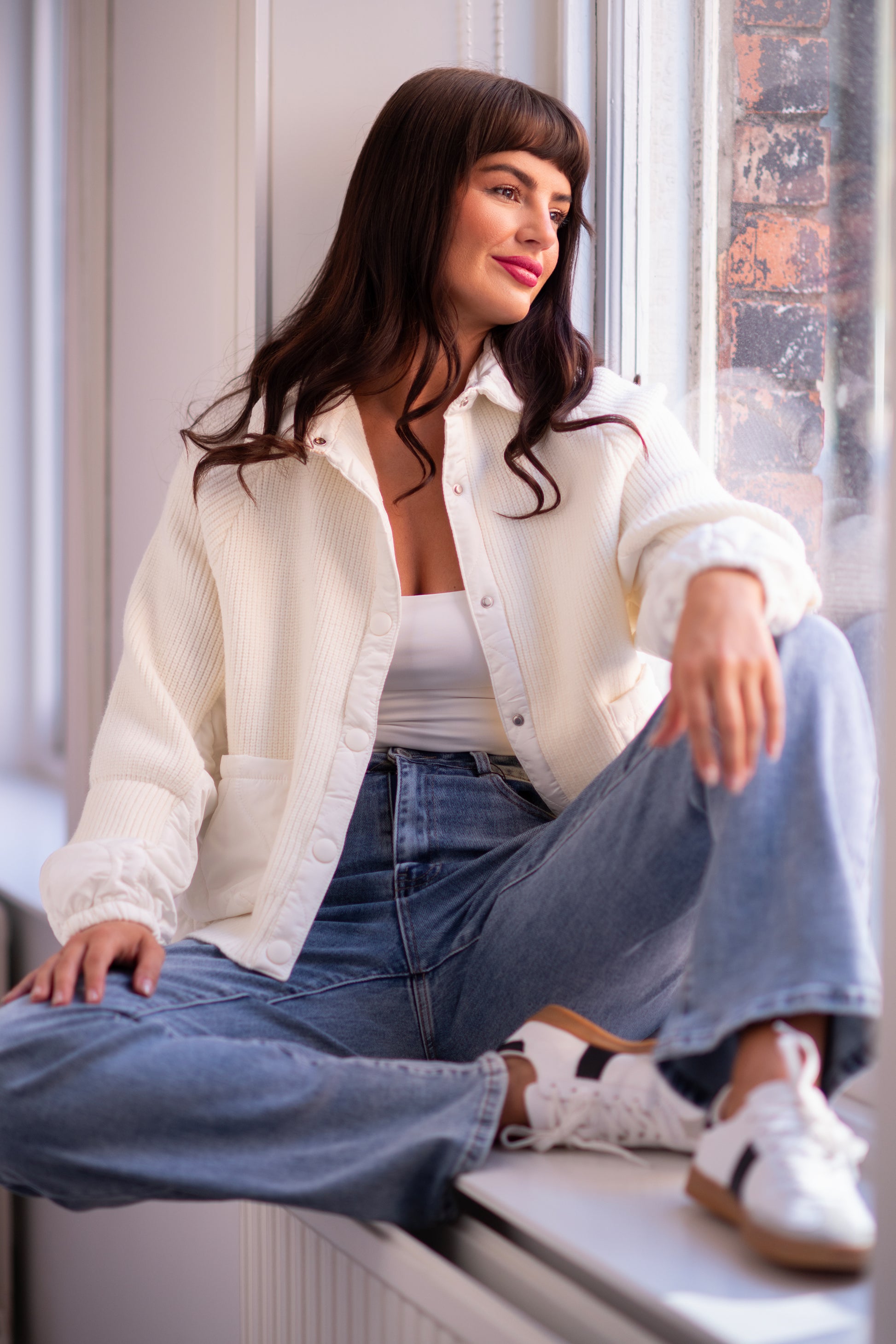 Snowflake Off White Rib Knit Quilted Jacket