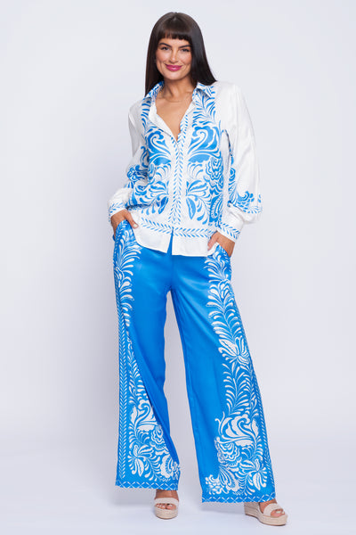 Azure blue and cream silk trouser and shirt set